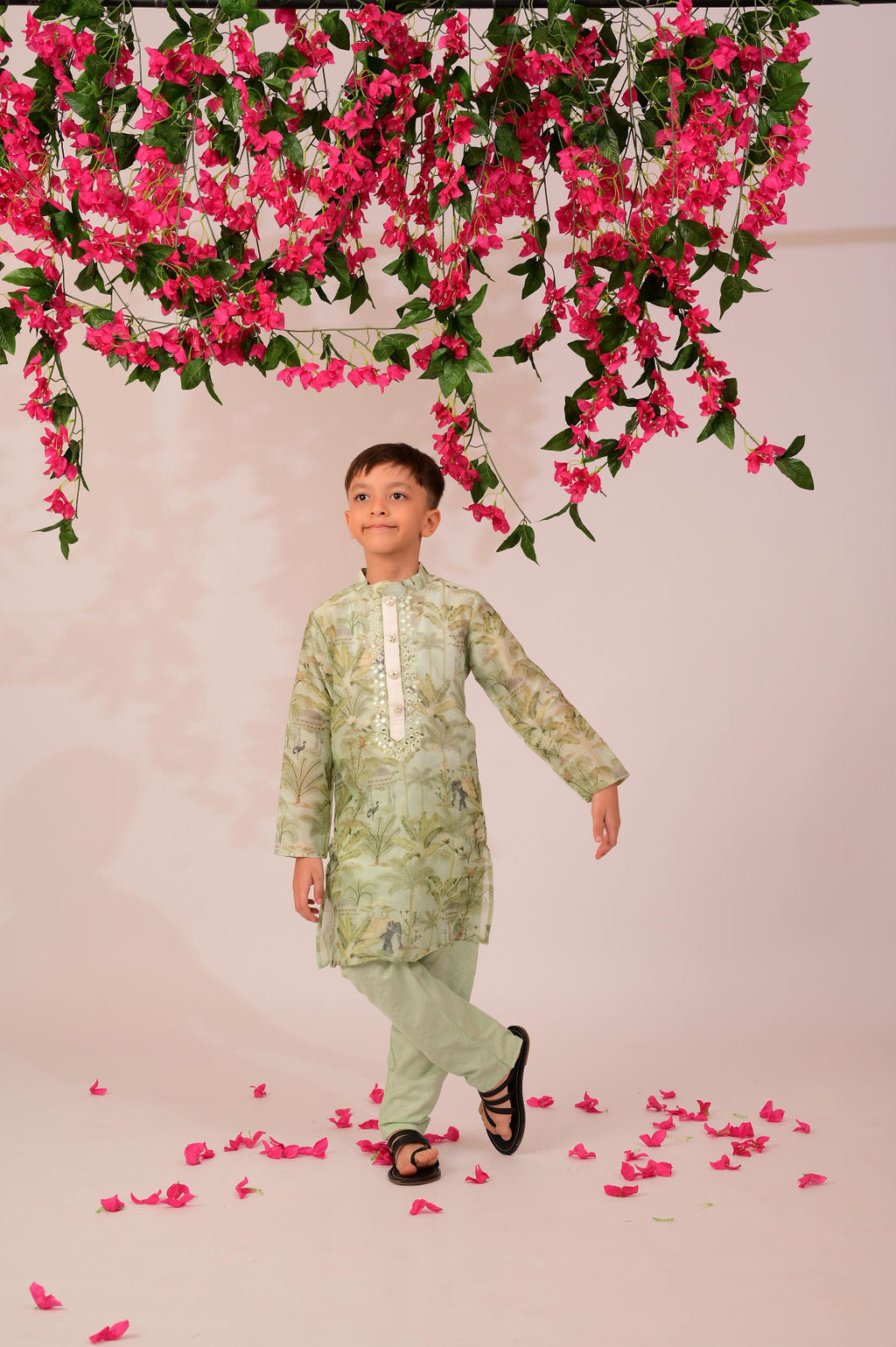 Light elephant print kurta with mirror work on yoke