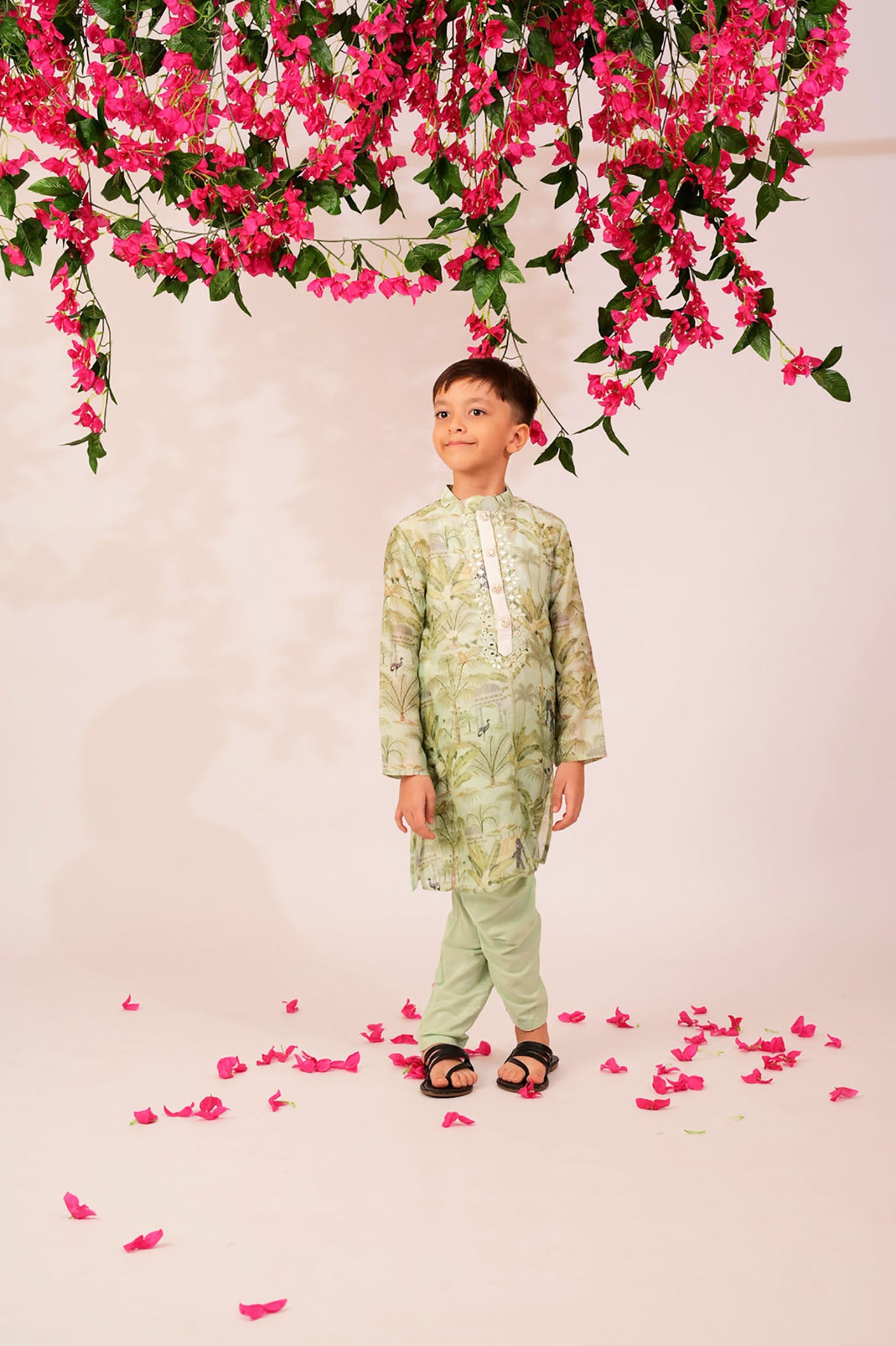 Light elephant print kurta with mirror work on yoke
