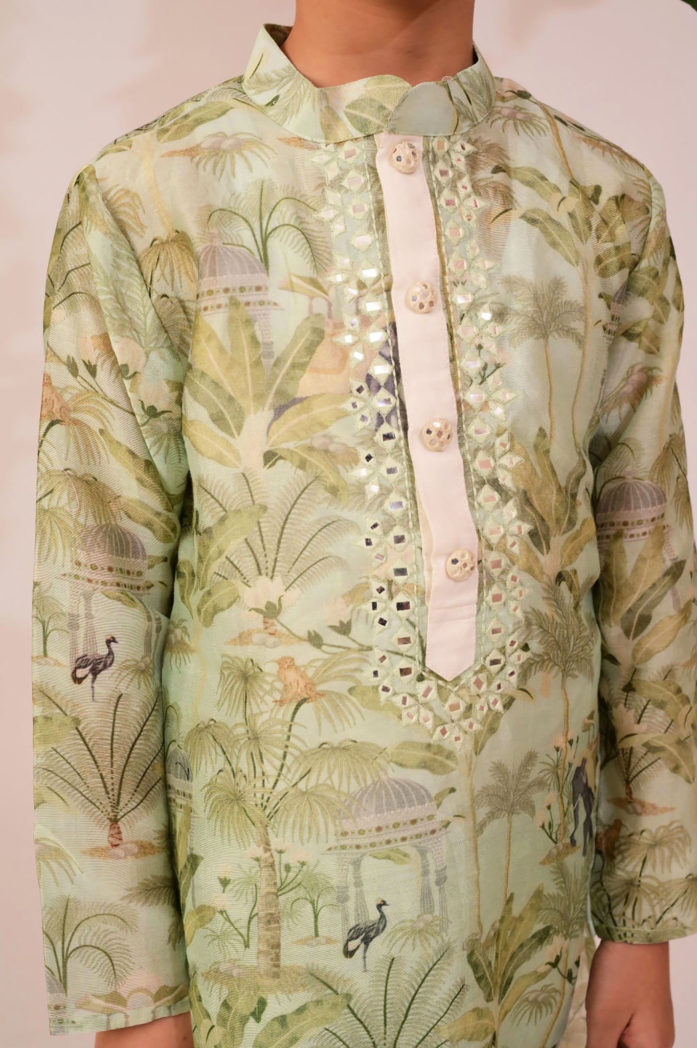 Light elephant print kurta with mirror work on yoke