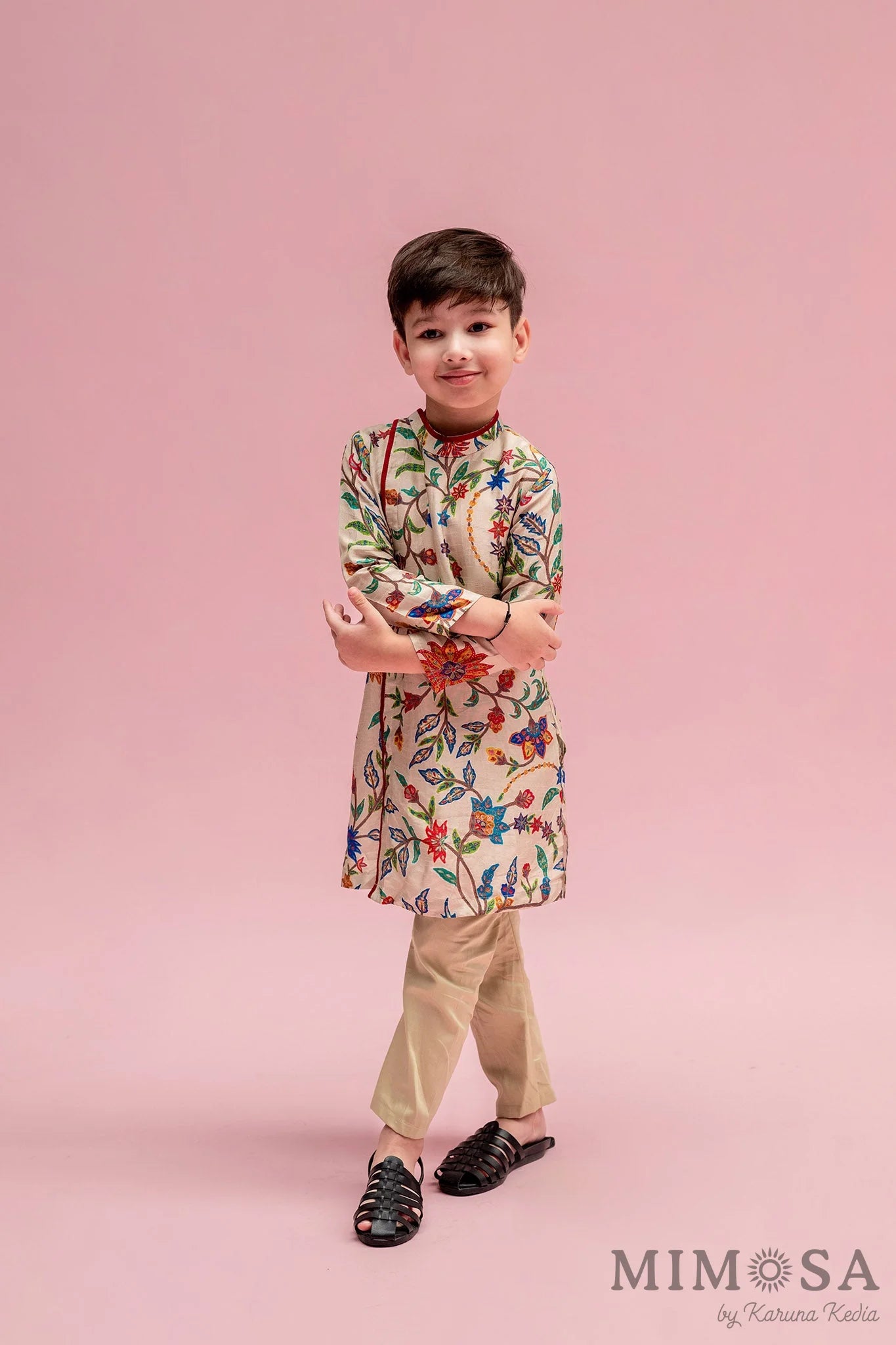 Asymmetrical side cut boys kurta in Bambar silk with cotton silk bottoms