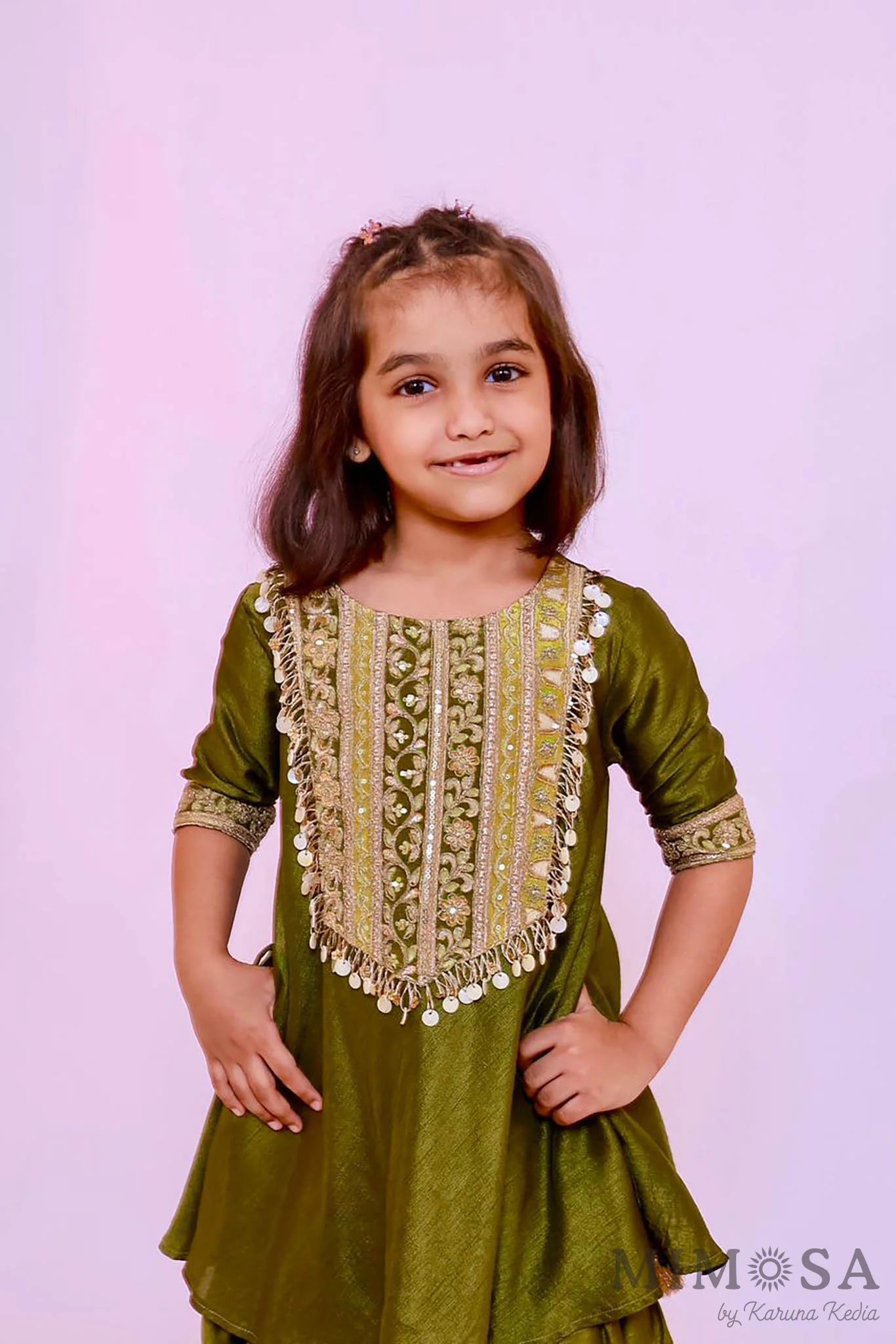 Bambar silk kurti with patched work yolk with tassels hanging and tulip plant