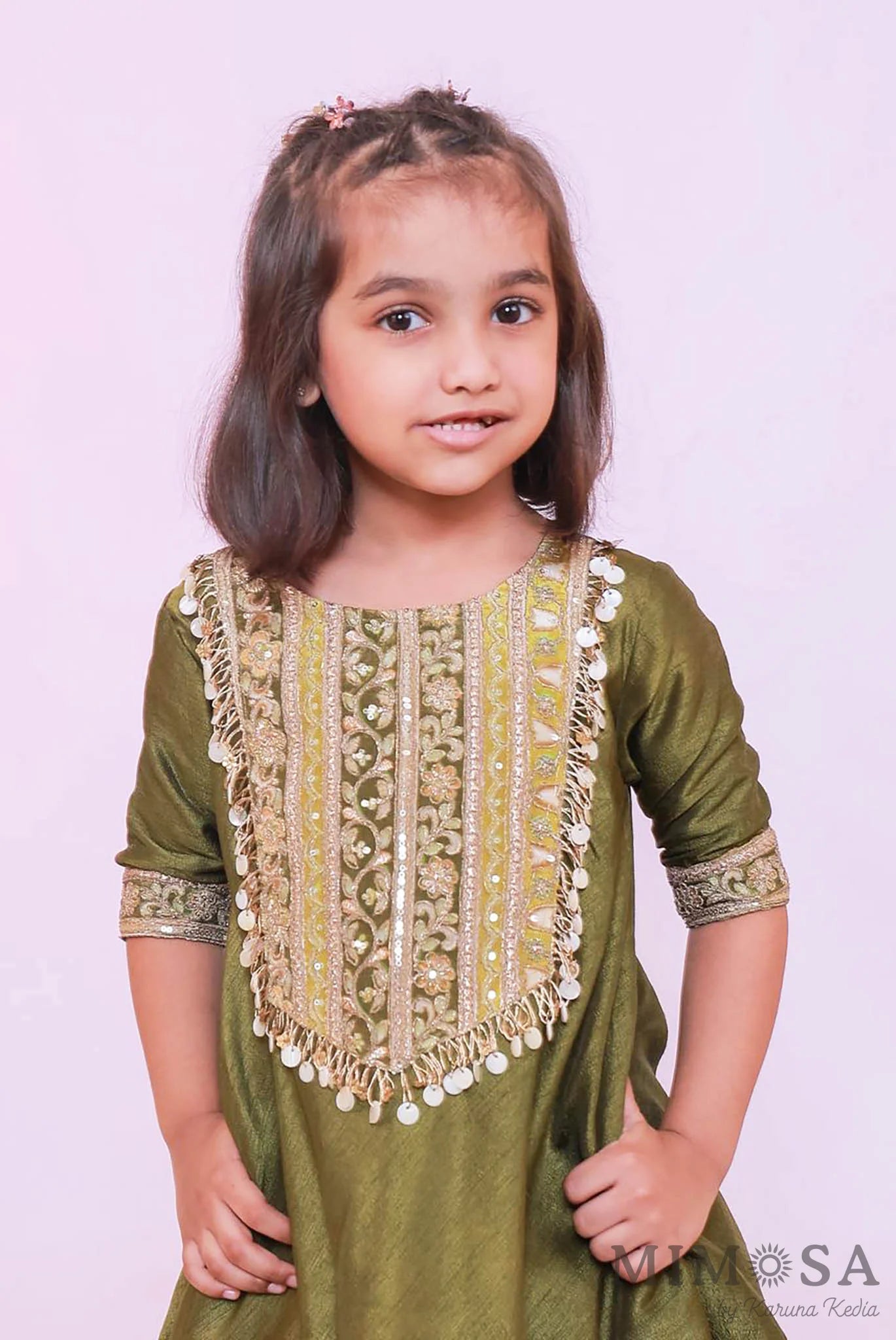 Bambar silk kurti with patched work yolk with tassels hanging and tulip plant
