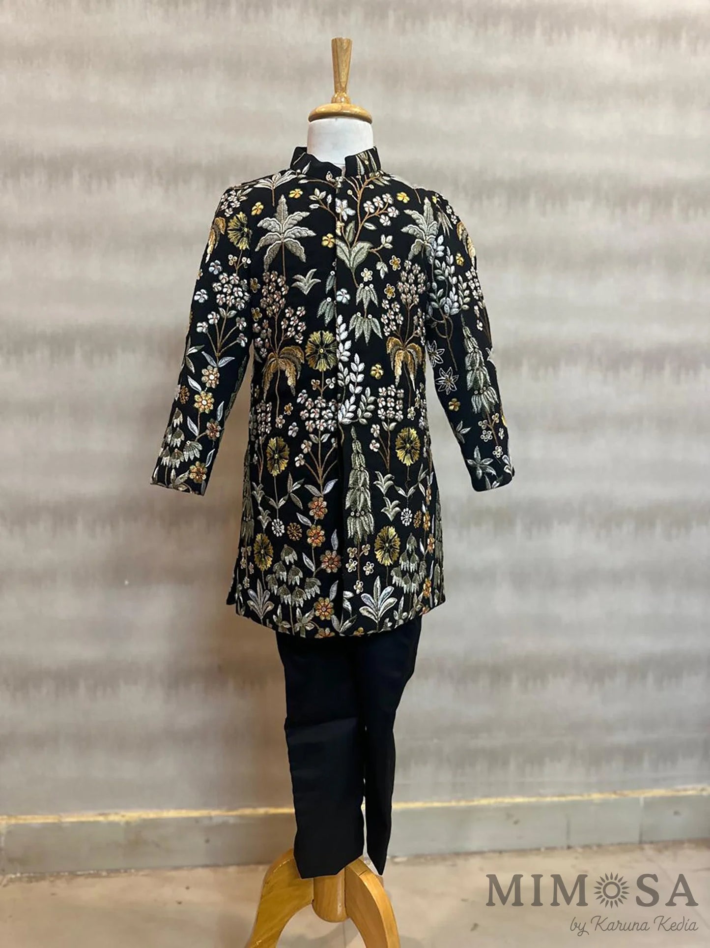 Black indowestern set for boys with pants will full thread work