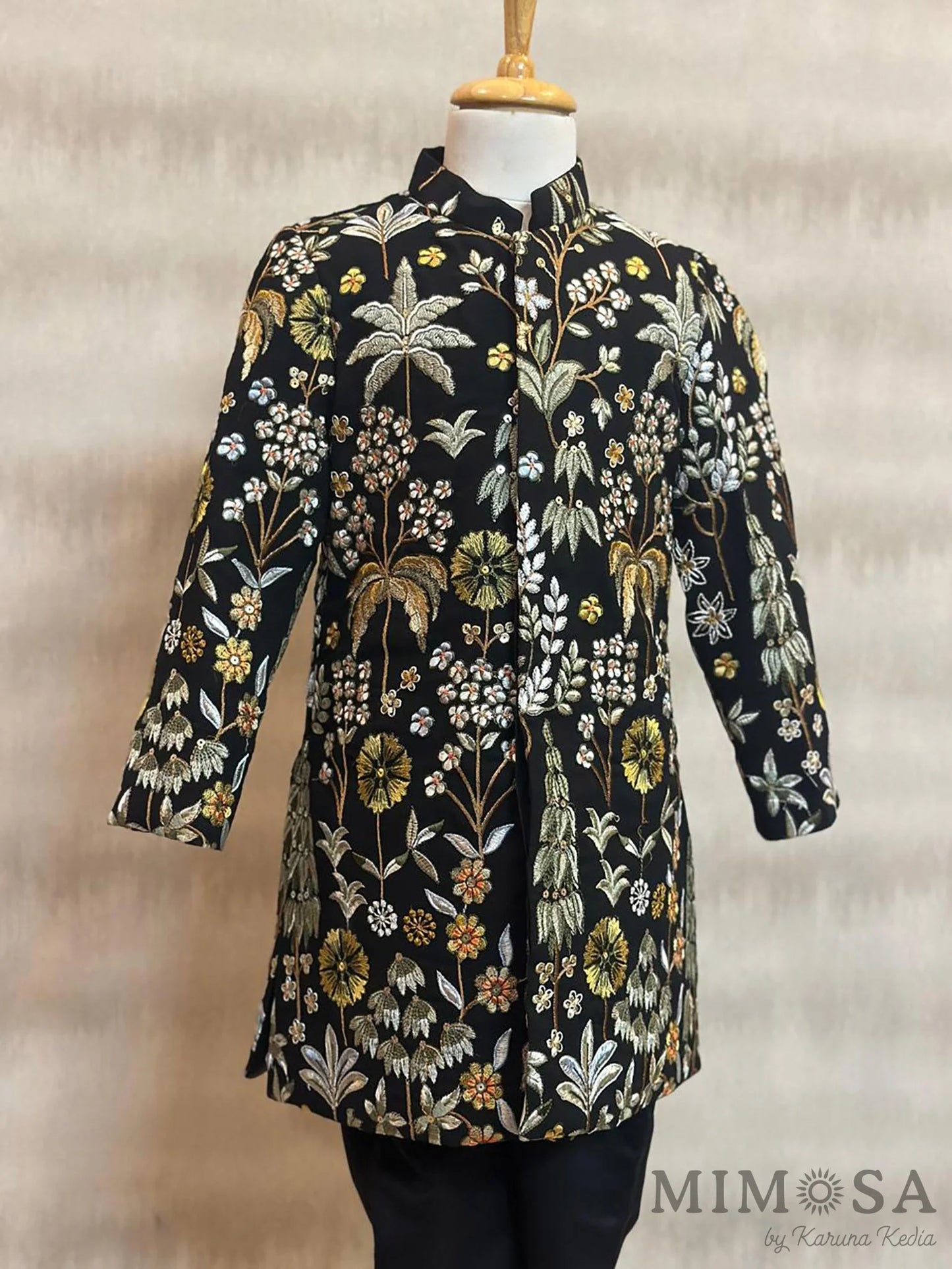 Black indowestern set for boys with pants will full thread work