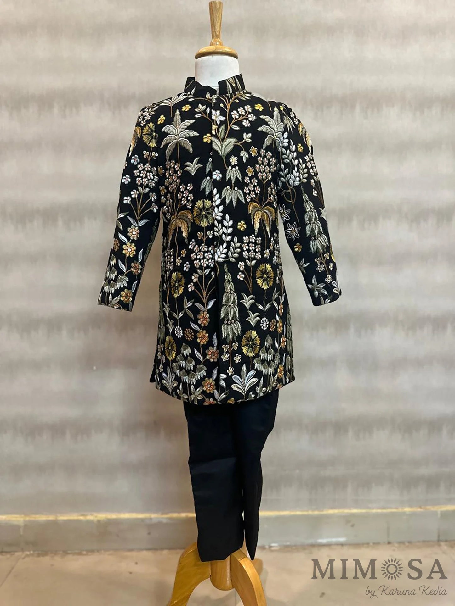 Black indowestern set for boys with pants will full thread work