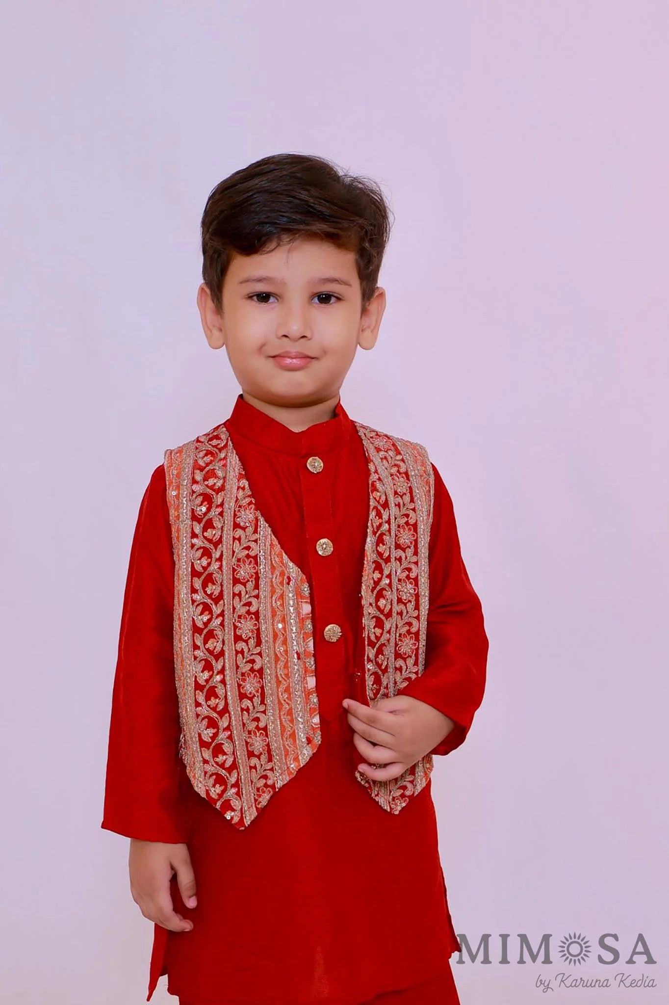 Boys kurta in Bambar silk with attached waistcoat
