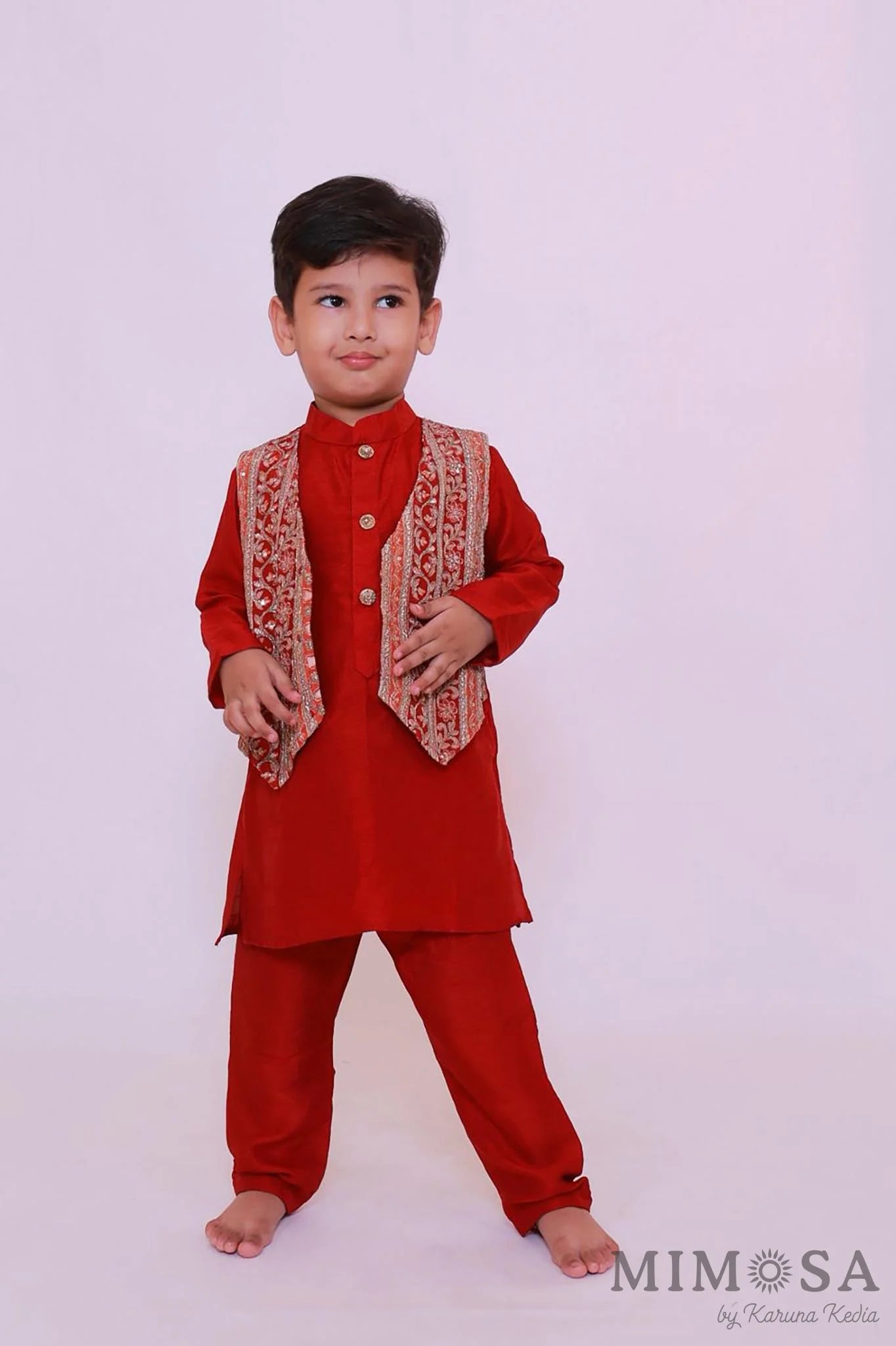 Boys kurta in Bambar silk with attached waistcoat