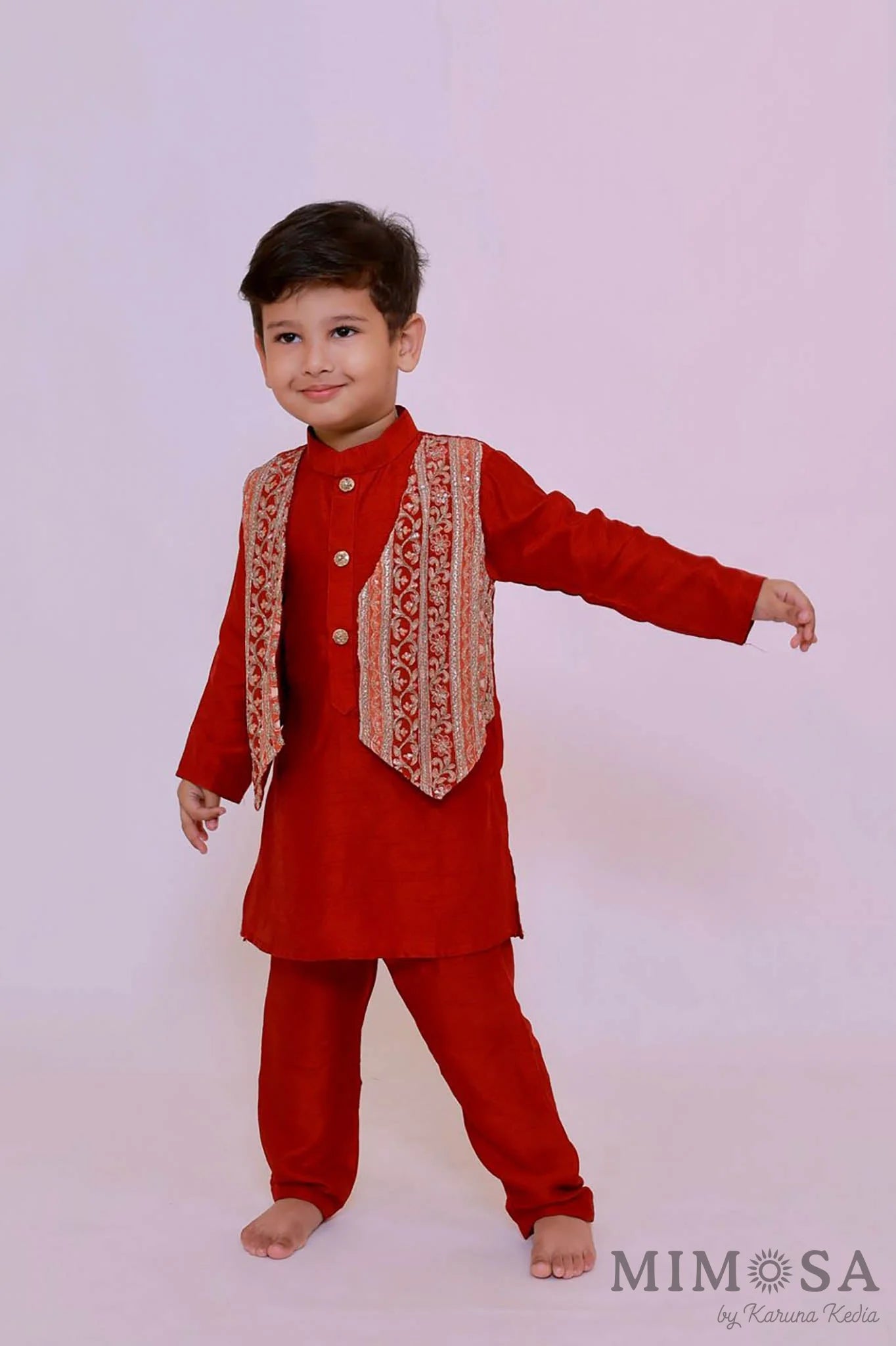 Boys kurta in Bambar silk with attached waistcoat