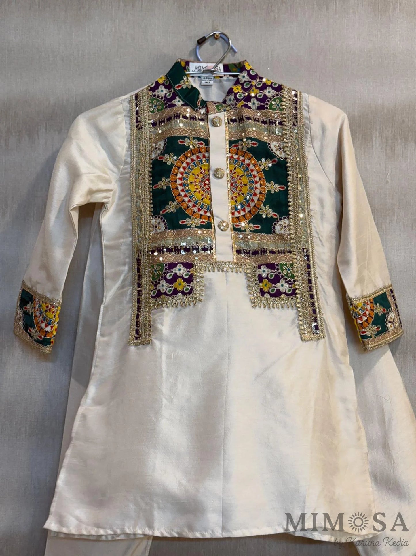 Boys kurta set with printed and embroidered patterned yoke in Bambar silk