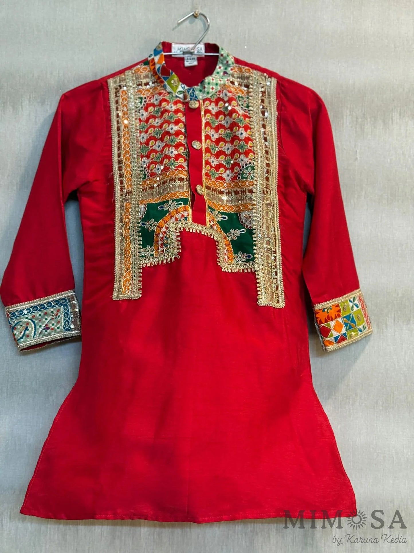 Boys kurta set with printed and embroidered patterned yoke in Bambar silk