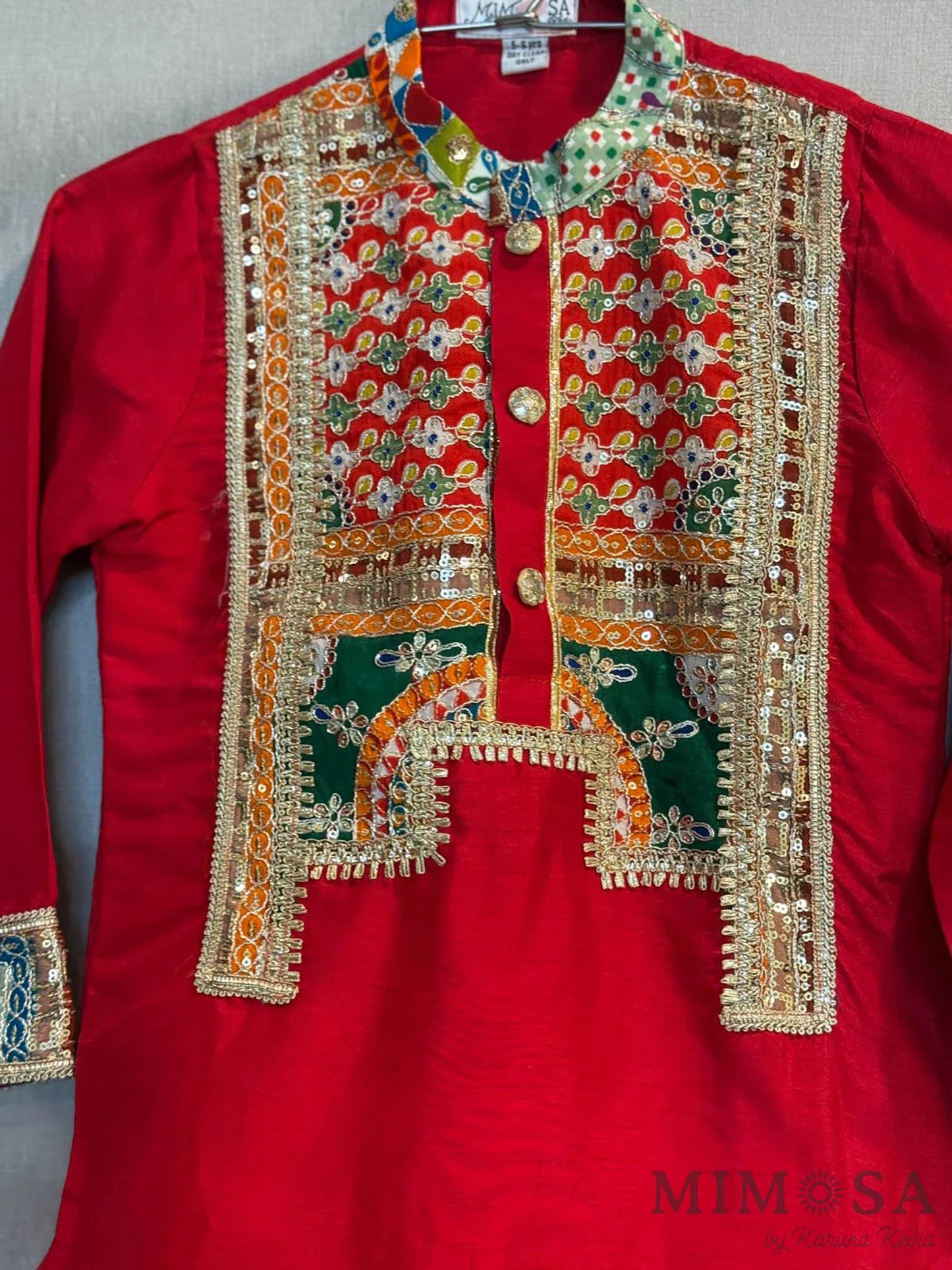 Boys kurta set with printed and embroidered patterned yoke in Bambar silk