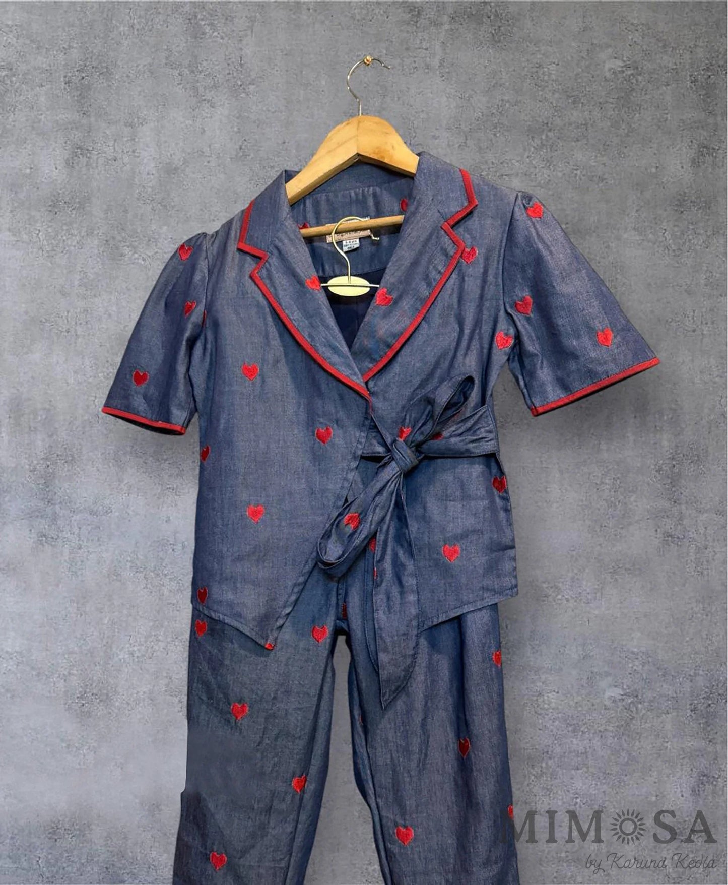Denim coord set with embroidered jacket and pants- Heart