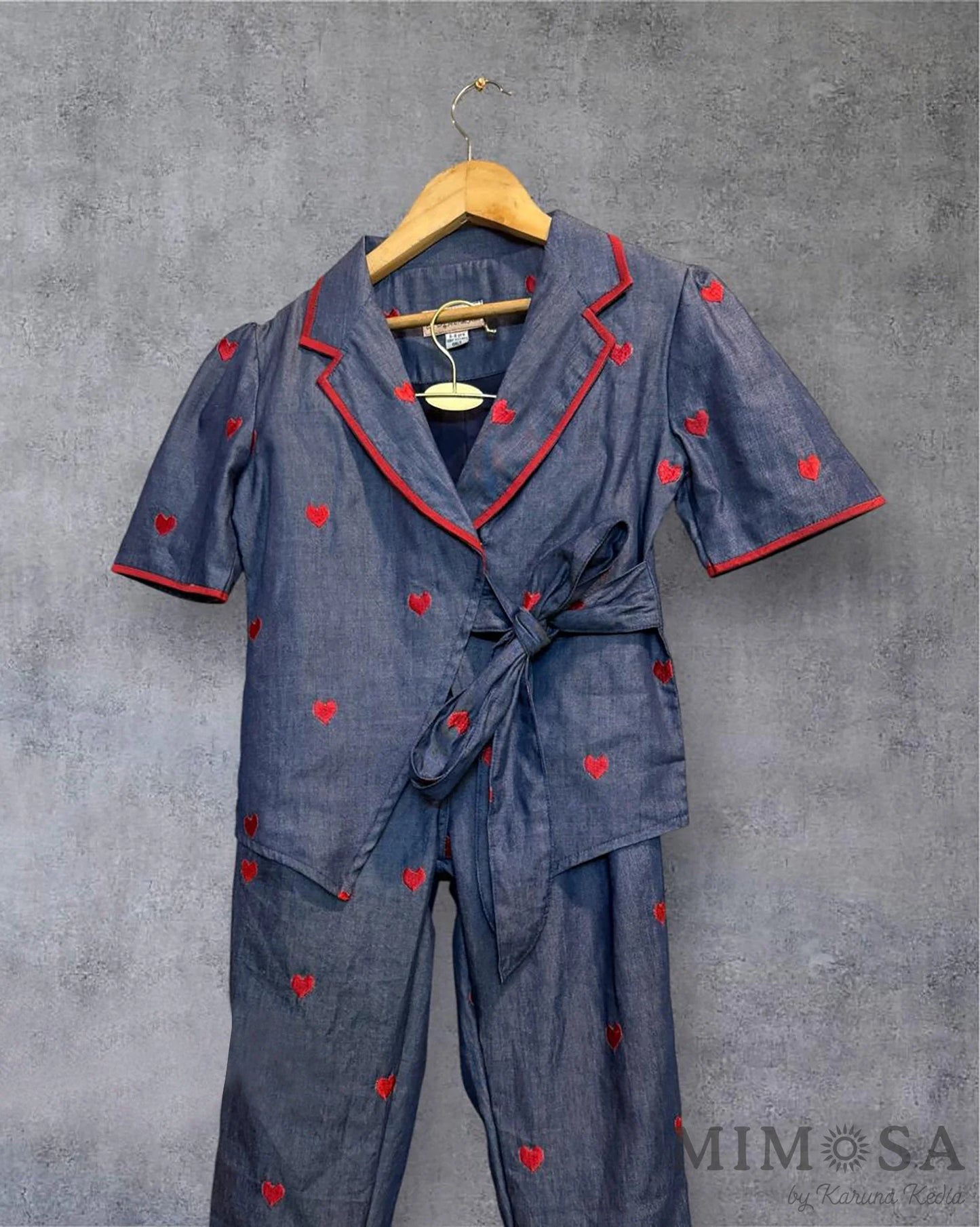 Denim coord set with embroidered jacket and pants- Heart