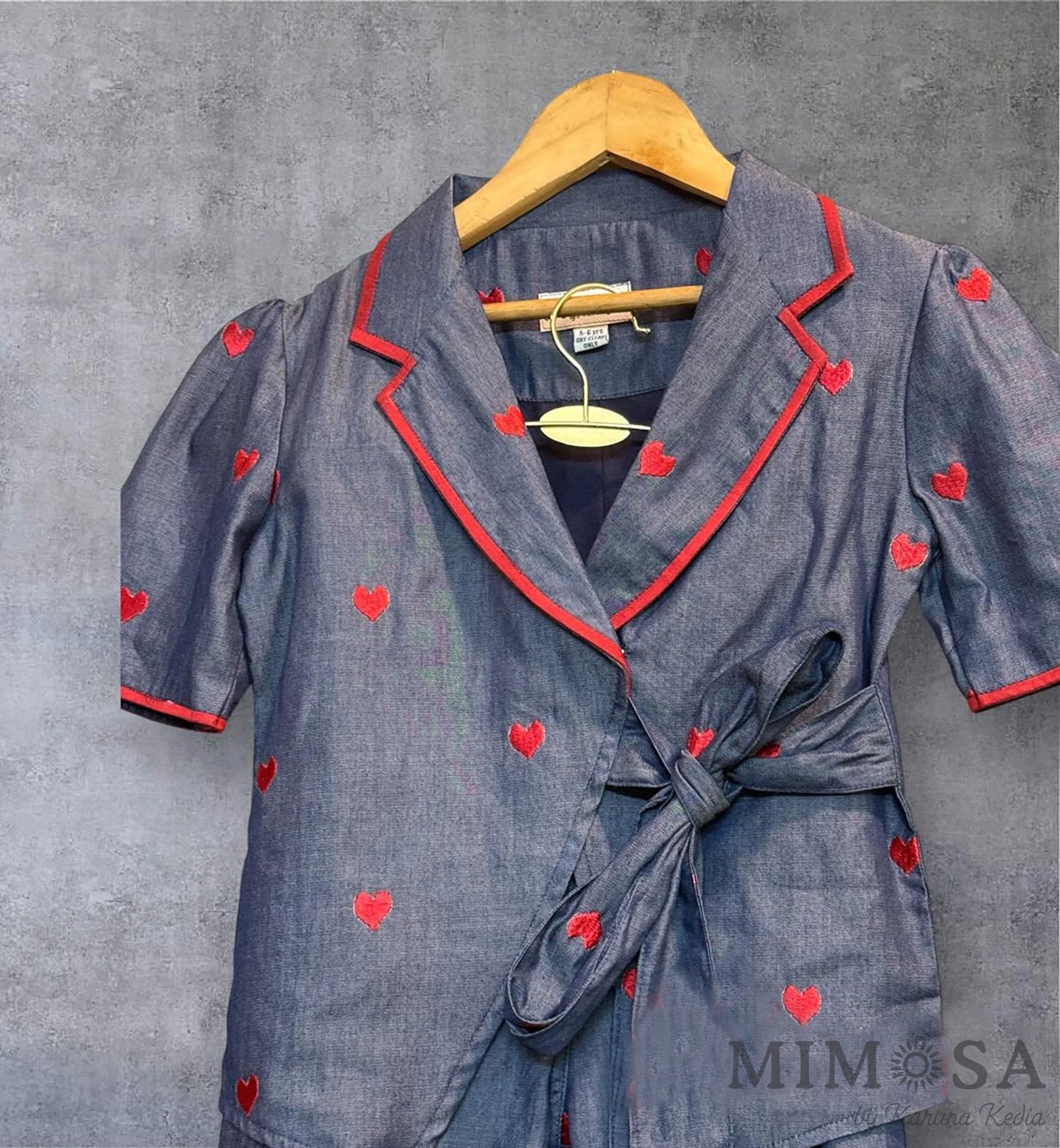 Denim coord set with embroidered jacket and pants- Heart
