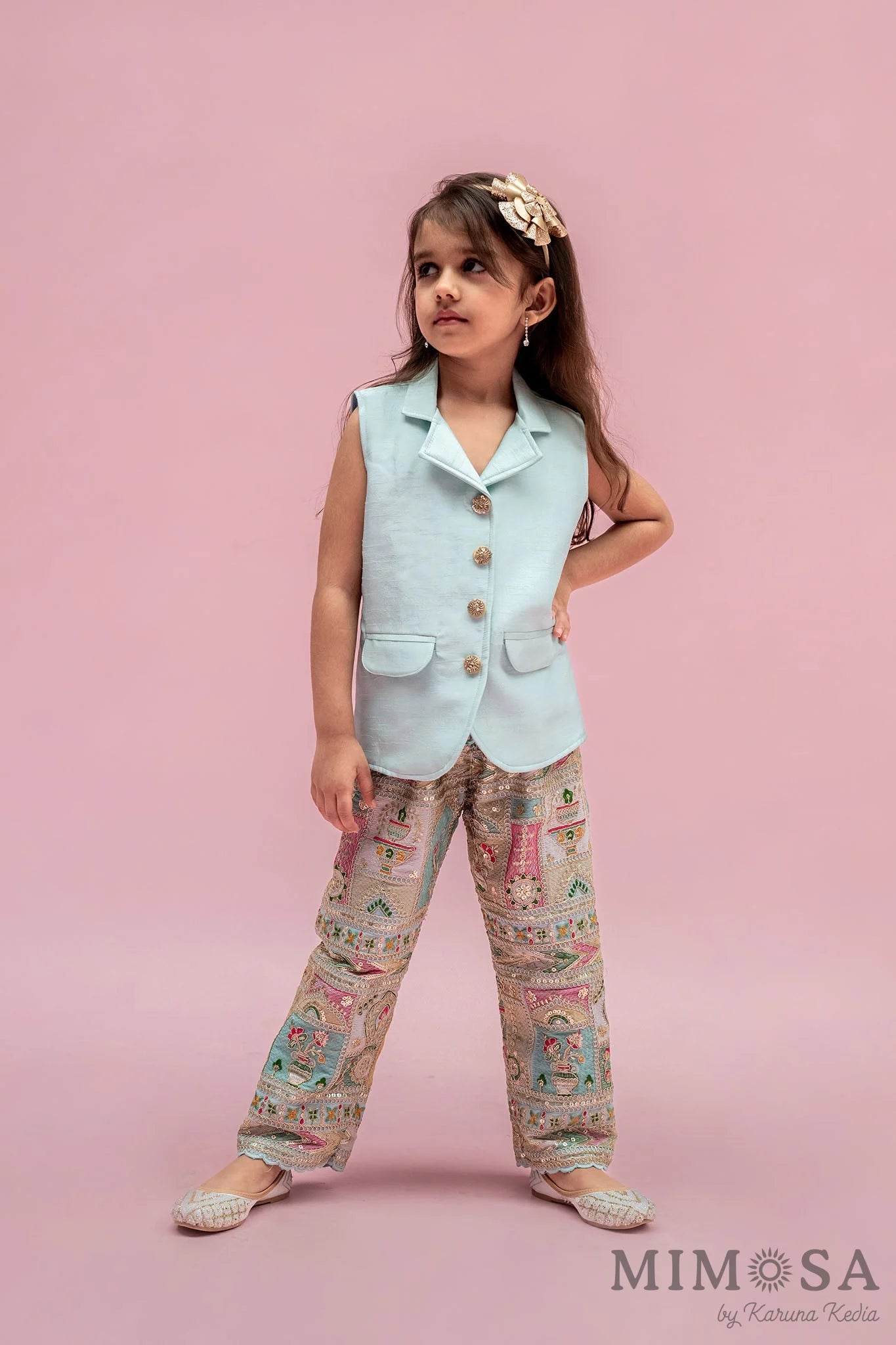 Jacket coord set - embroidered heavy pants with solid sleeveless jacket