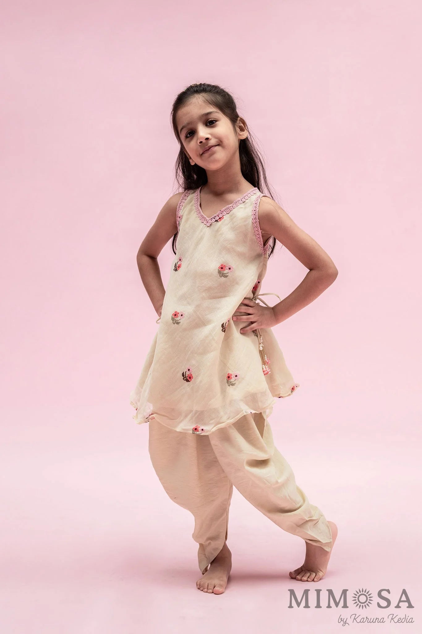 Mal chanderi kurti set with cross stitch embroidery and mal mal lining with cotton silk tulip pants
