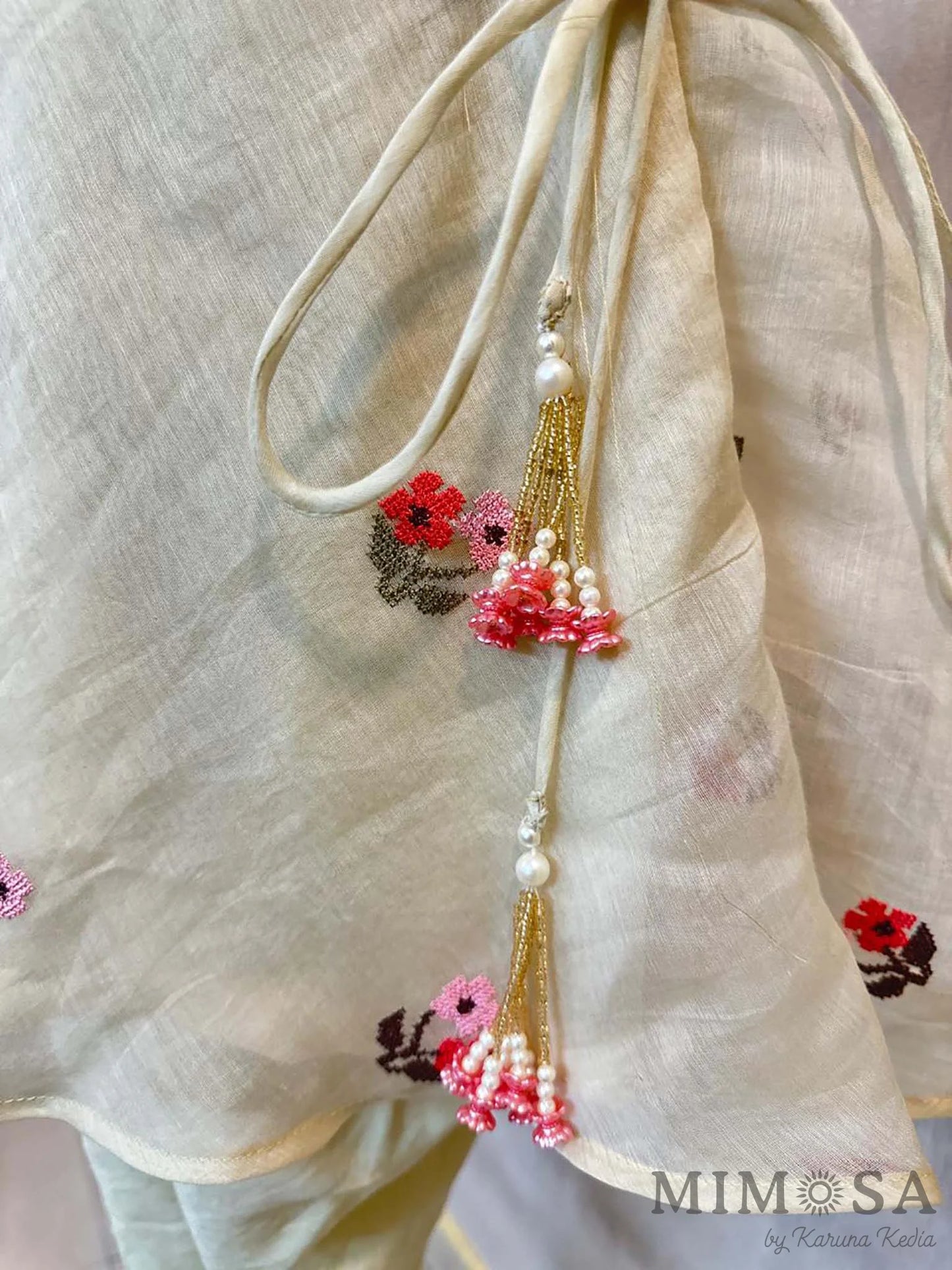 Mal chanderi kurti set with cross stitch embroidery and mal mal lining with cotton silk tulip pants