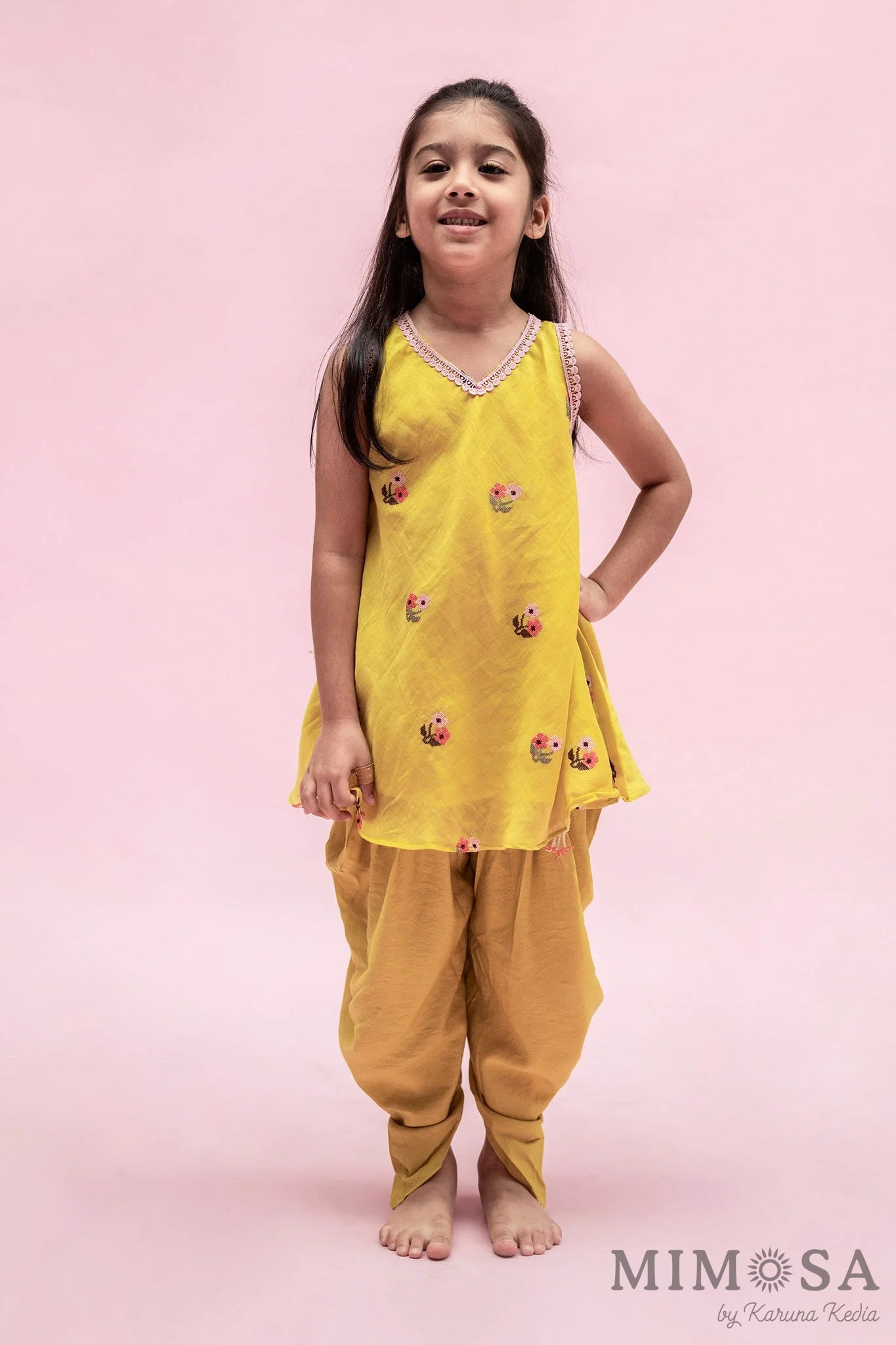 Mal chanderi kurti set with cross stitch embroidery and mal mal lining with cotton silk tulip pants