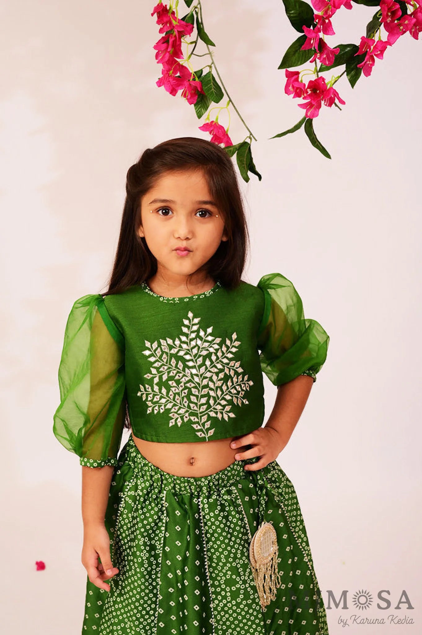 Bandhani, Print Lehnga with gota and Bambar silk blouse with mirrorwork and organza sleeves