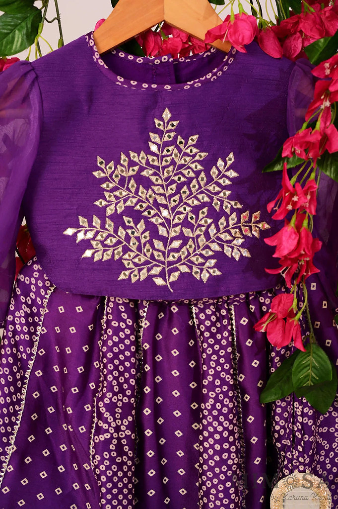 Bandhani, Print Lehnga with gota and Bambar silk blouse with mirrorwork and organza sleeves