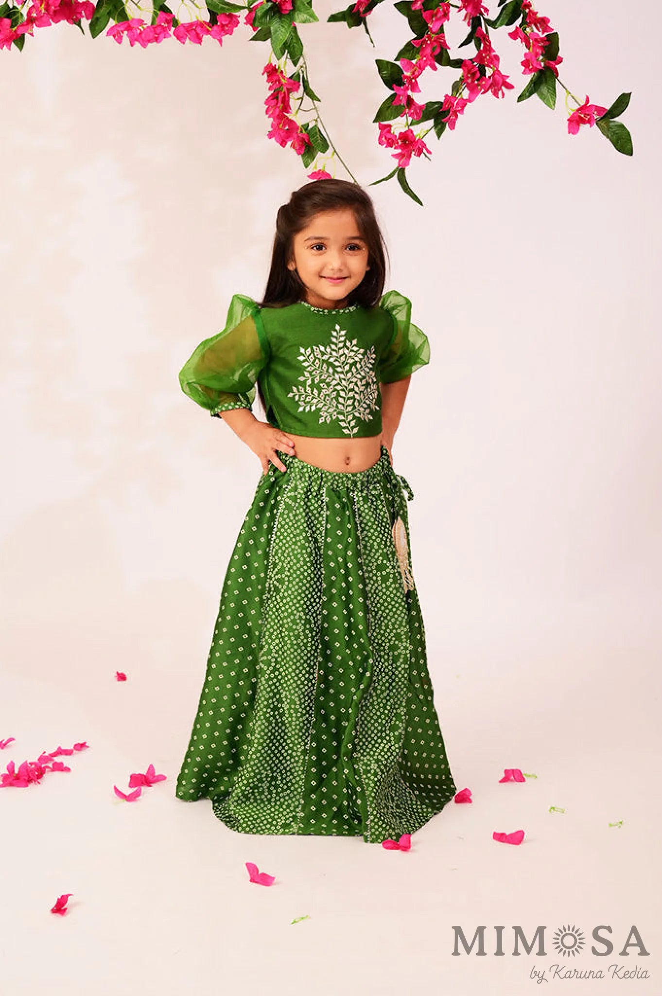 Bandhani, Print Lehnga with gota and Bambar silk blouse with mirrorwork and organza sleeves