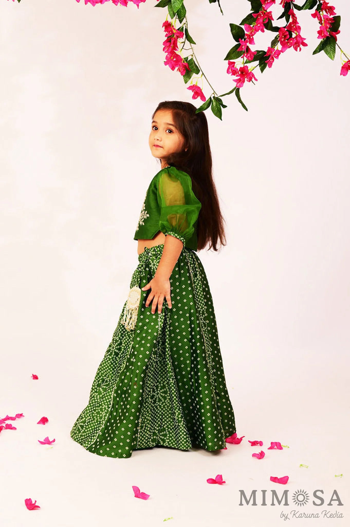 Bandhani, Print Lehnga with gota and Bambar silk blouse with mirrorwork and organza sleeves