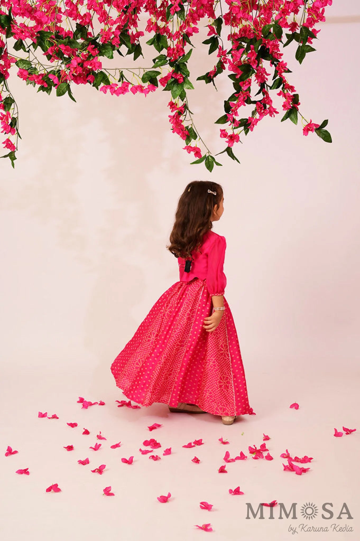 Bandhani, Print Lehnga with gota and Bambar silk blouse with mirrorwork and organza sleeves