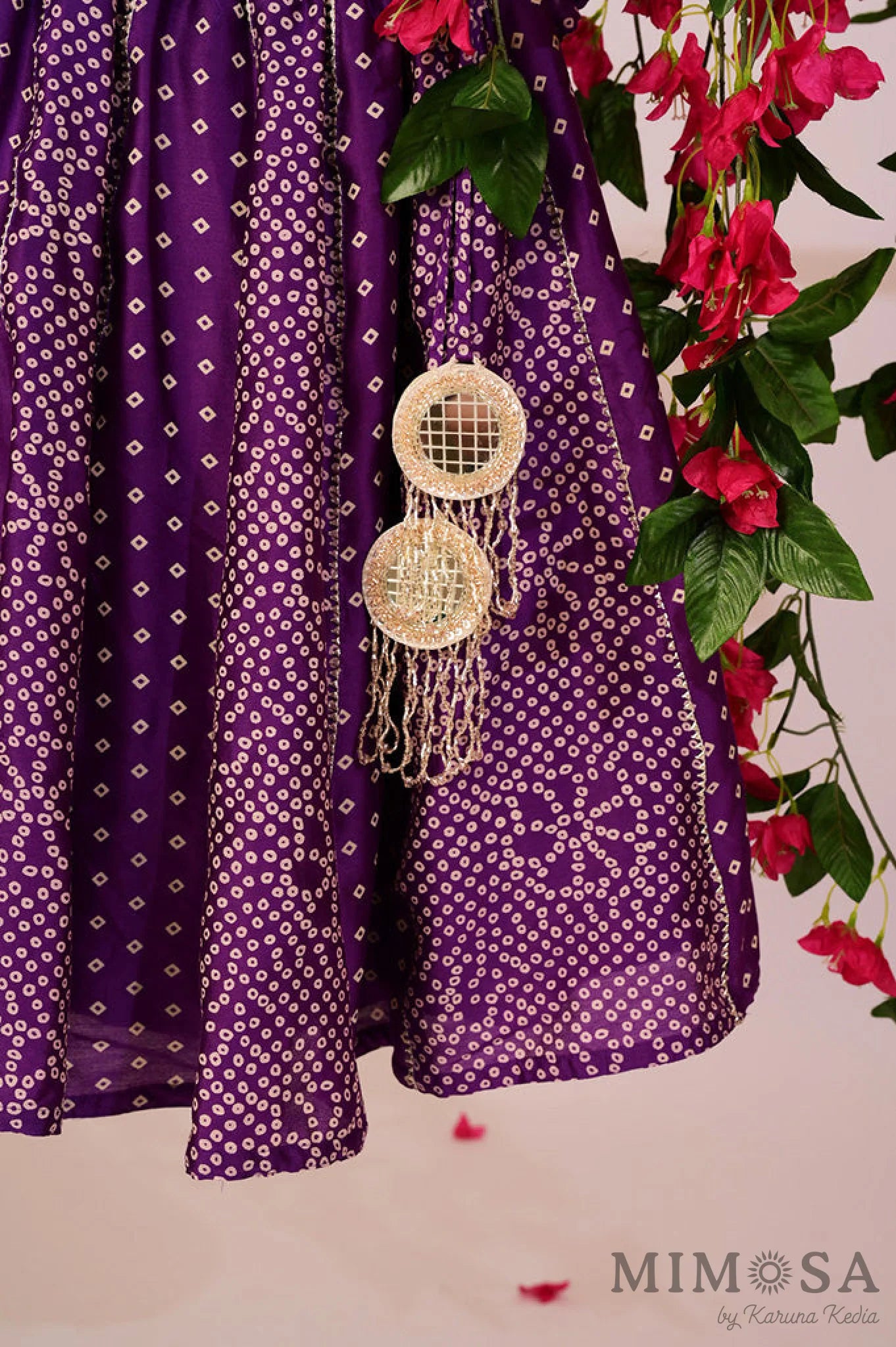 Bandhani, Print Lehnga with gota and Bambar silk blouse with mirrorwork and organza sleeves