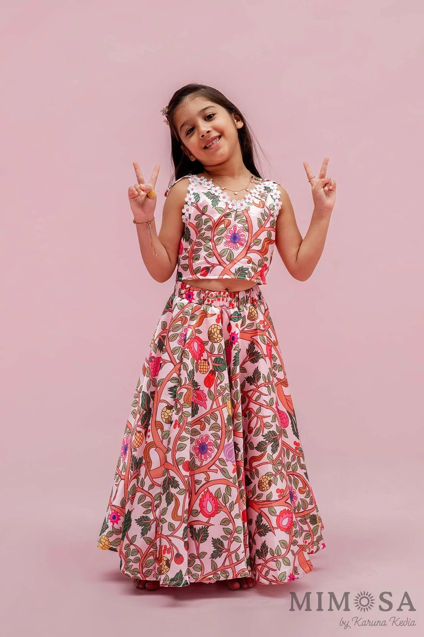 Multicolor Kalamkari prints skirt and top in vibrant hues