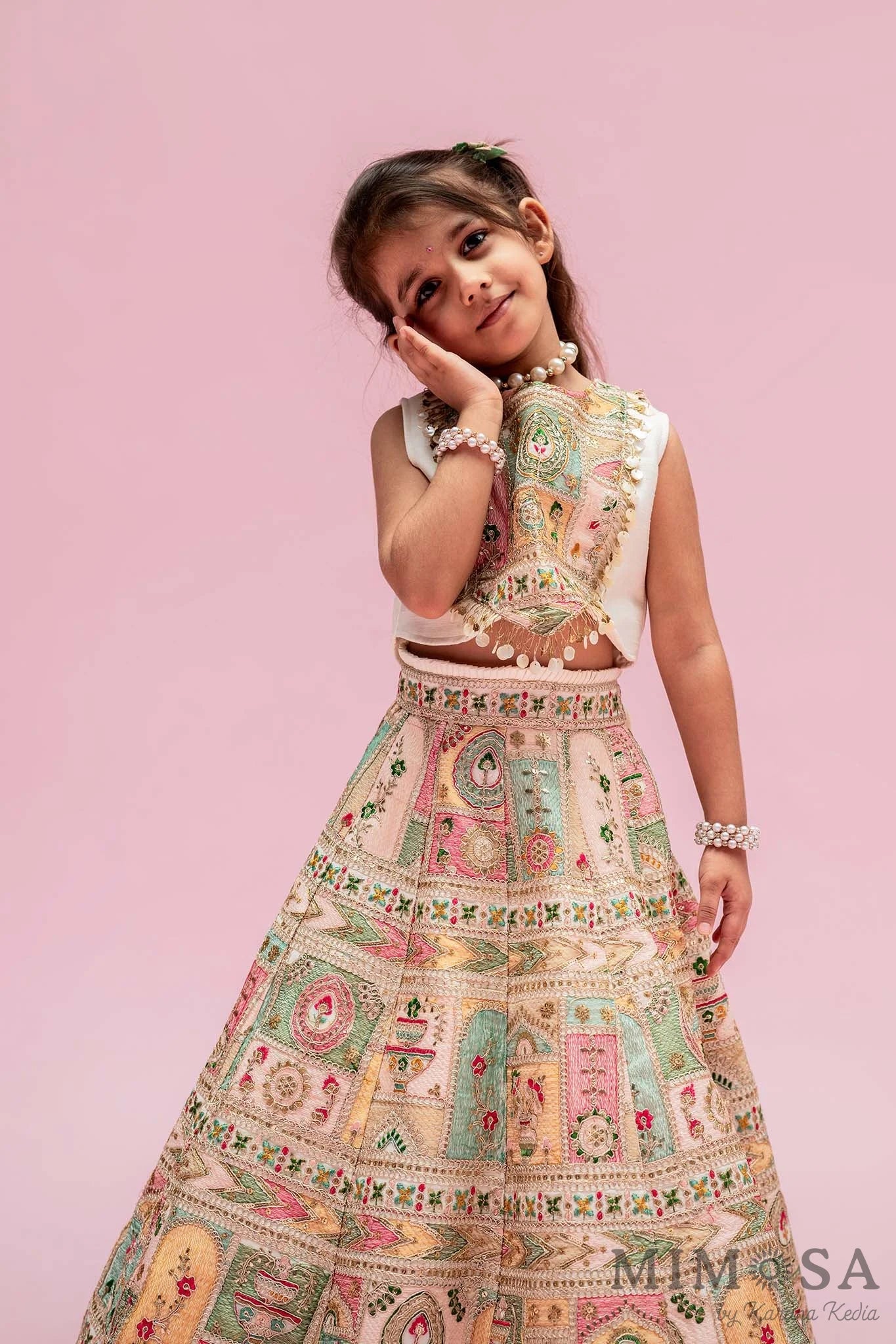 Off White Multicolour Embroidered And Embellished Top With Lehenga