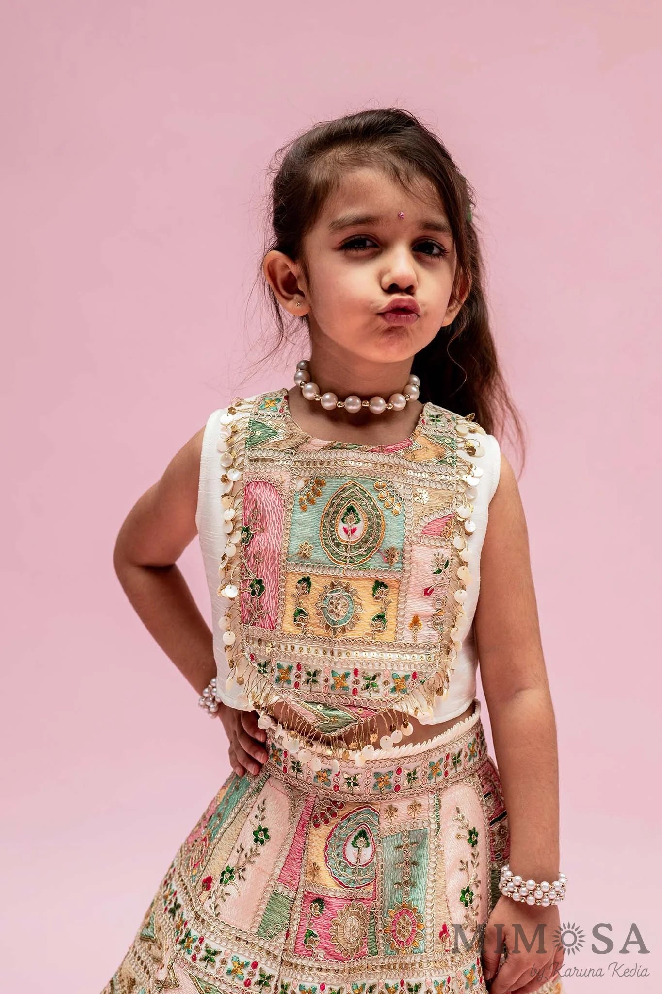 Off White Multicolour Embroidered And Embellished Top With Lehenga