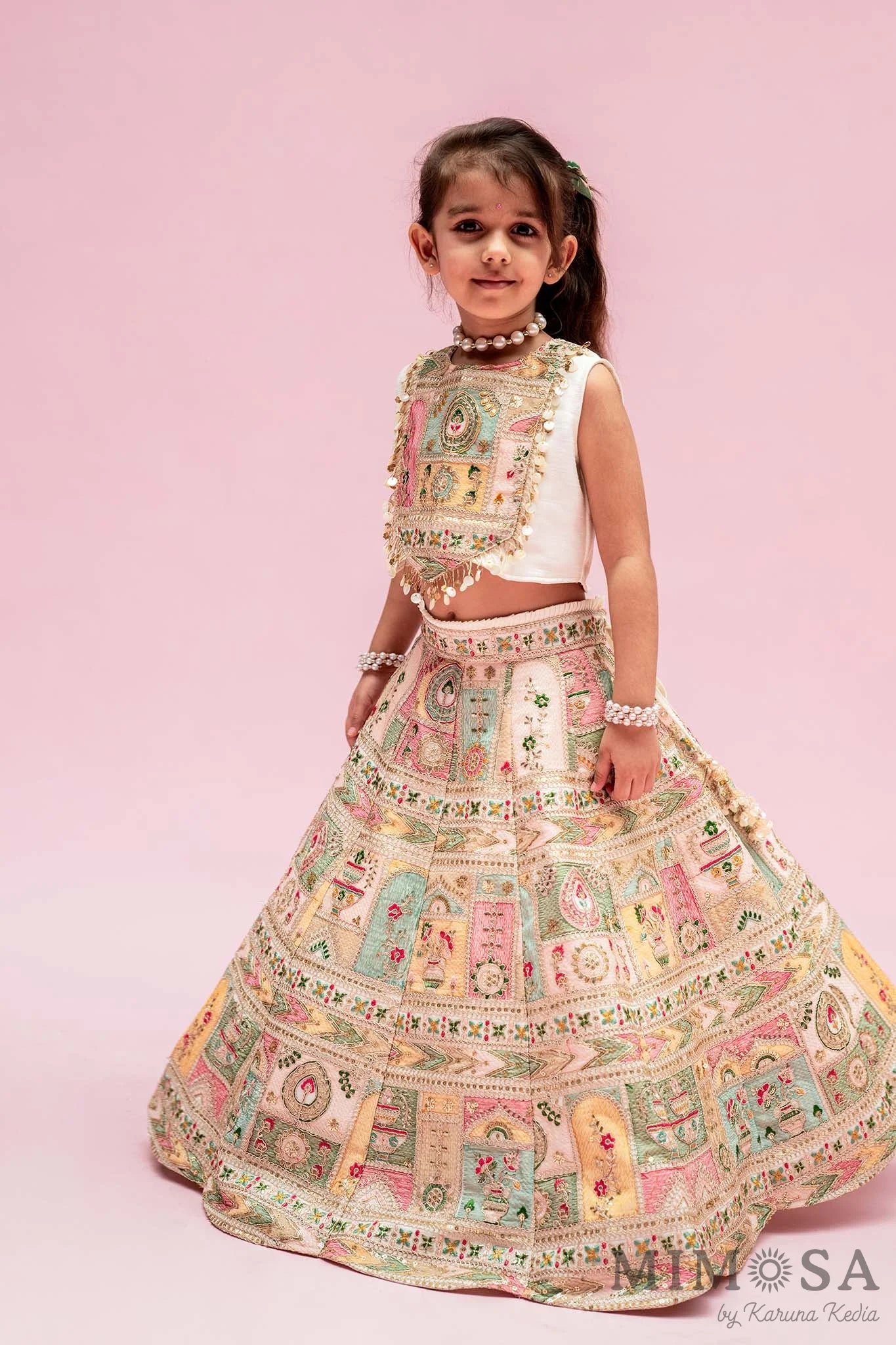 Off White Multicolour Embroidered And Embellished Top With Lehenga
