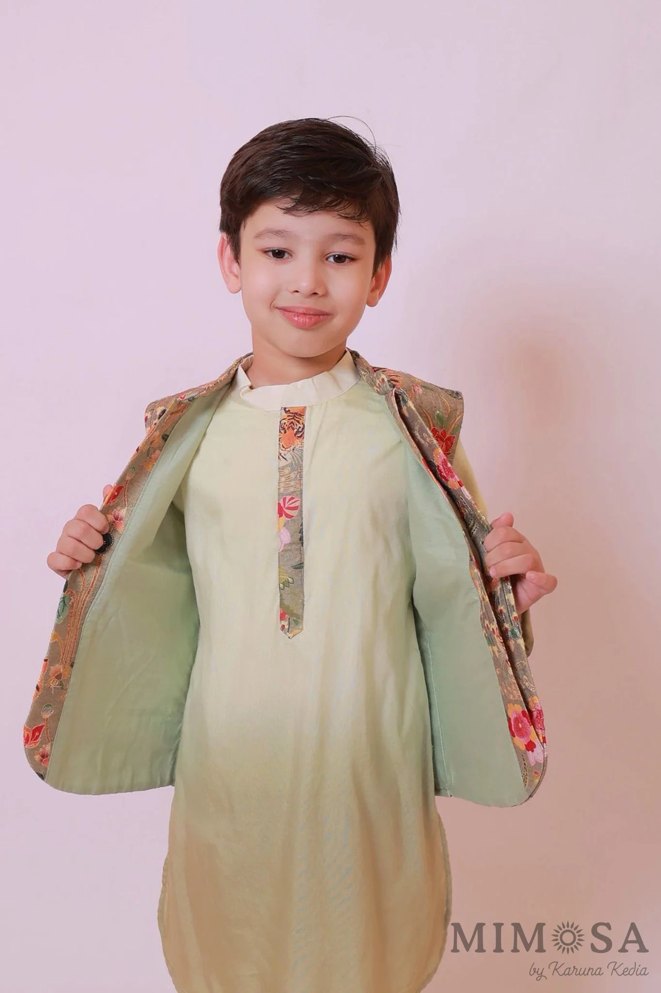 Ombré Kurta with print and embroidery jacket paired with cotton silk bottoms with tiger print
