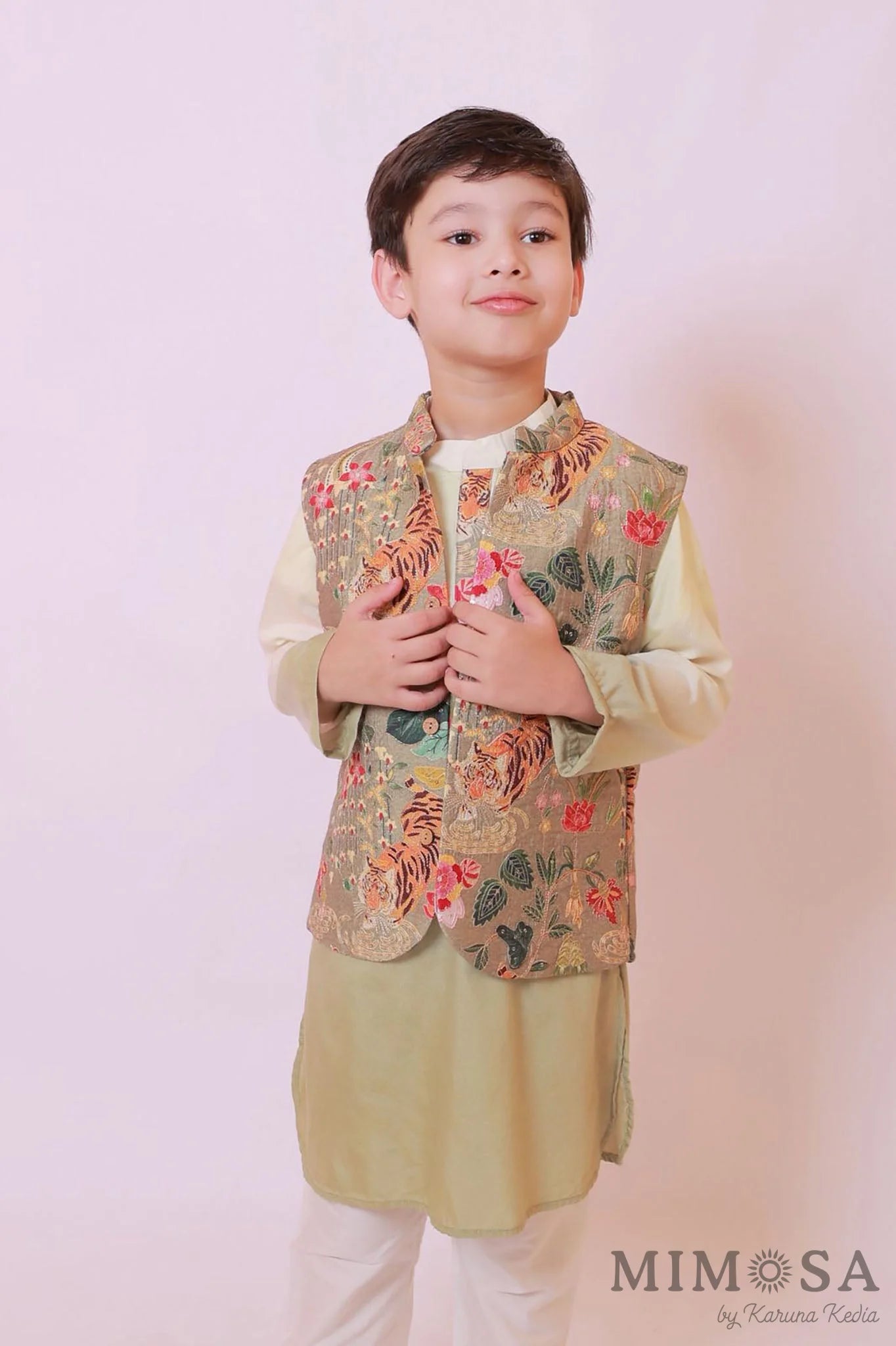 Ombré Kurta with print and embroidery jacket paired with cotton silk bottoms with tiger print
