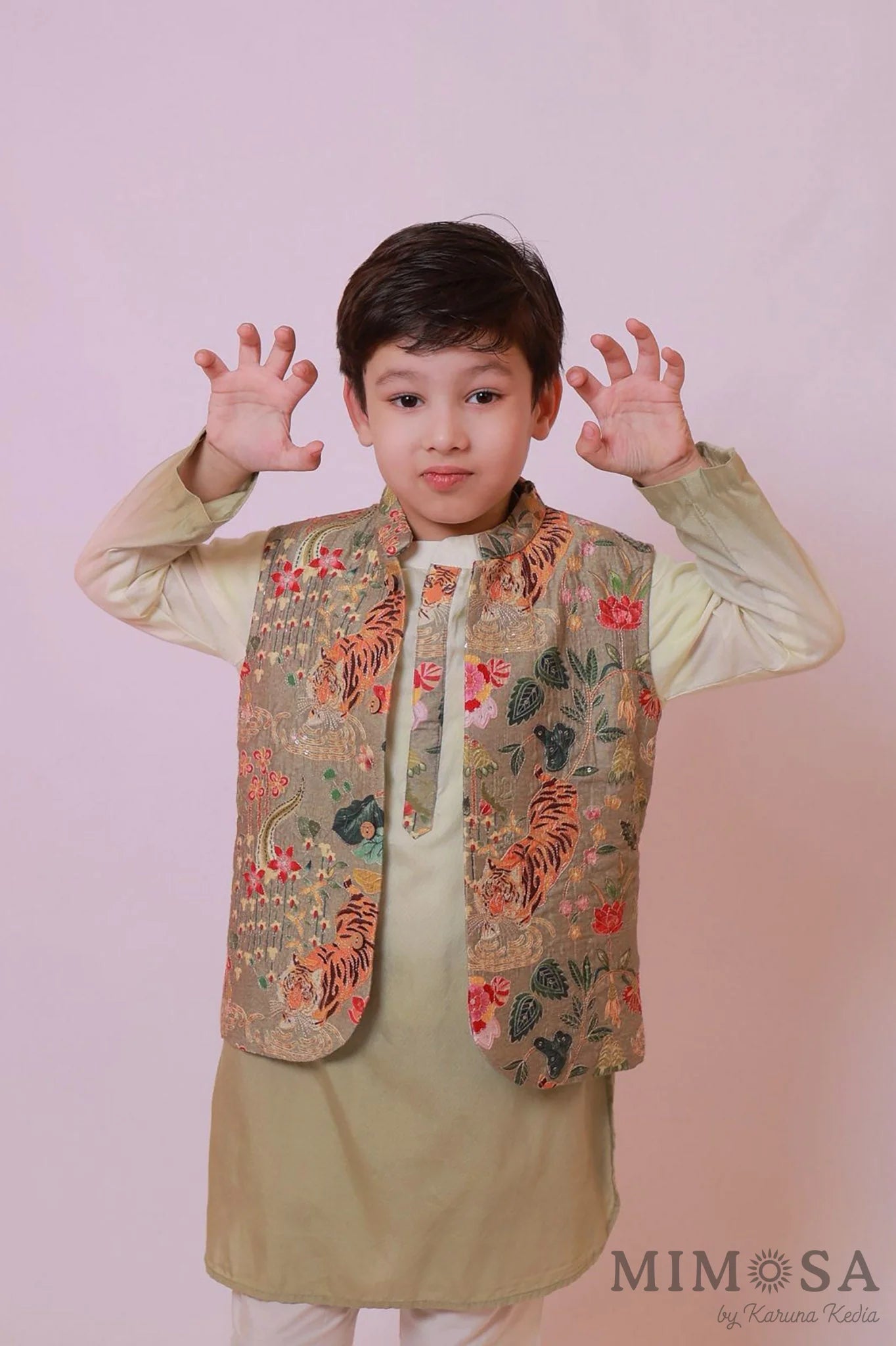 Ombré Kurta with print and embroidery jacket paired with cotton silk bottoms with tiger print