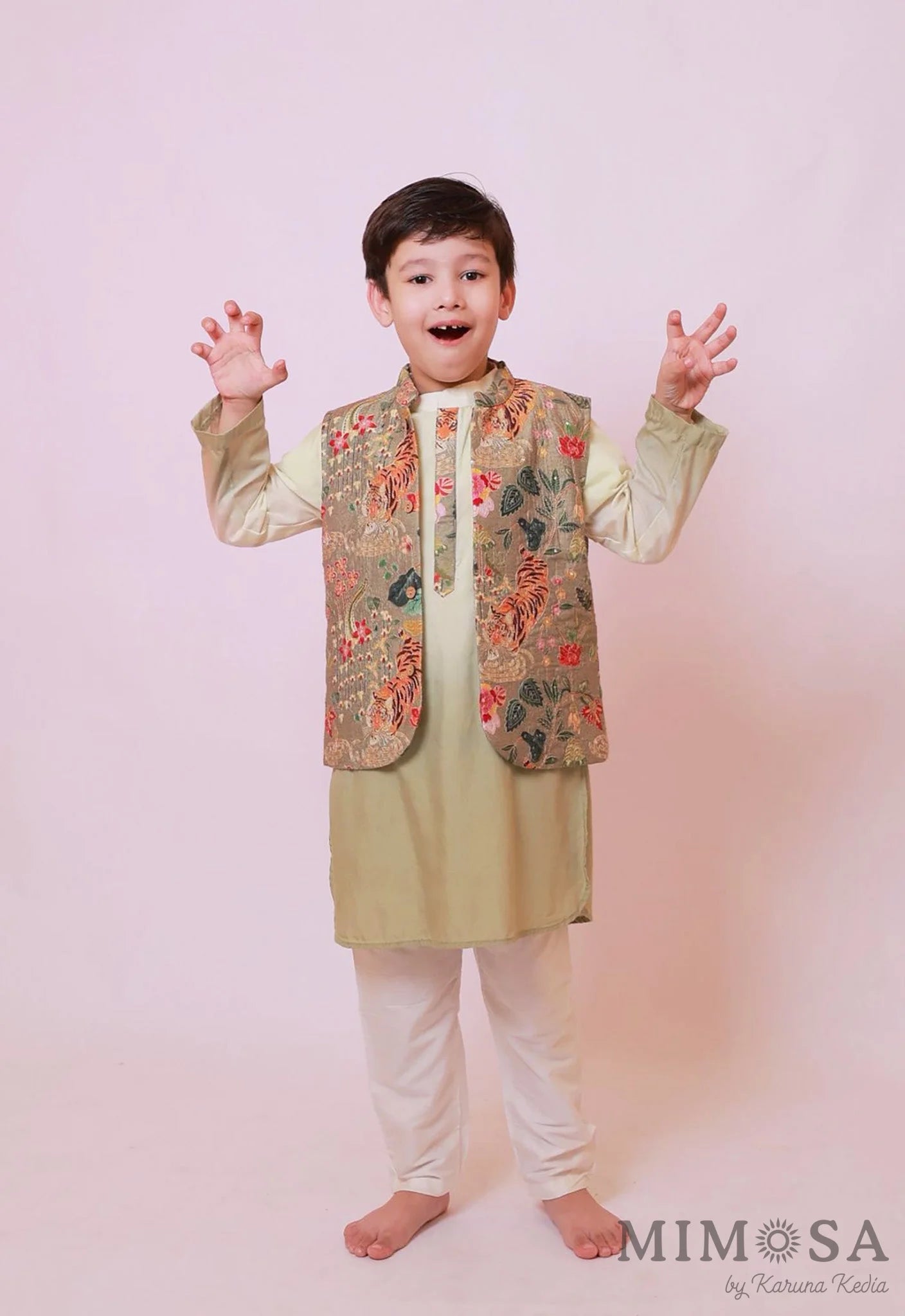 Ombré Kurta with print and embroidery jacket paired with cotton silk bottoms with tiger print