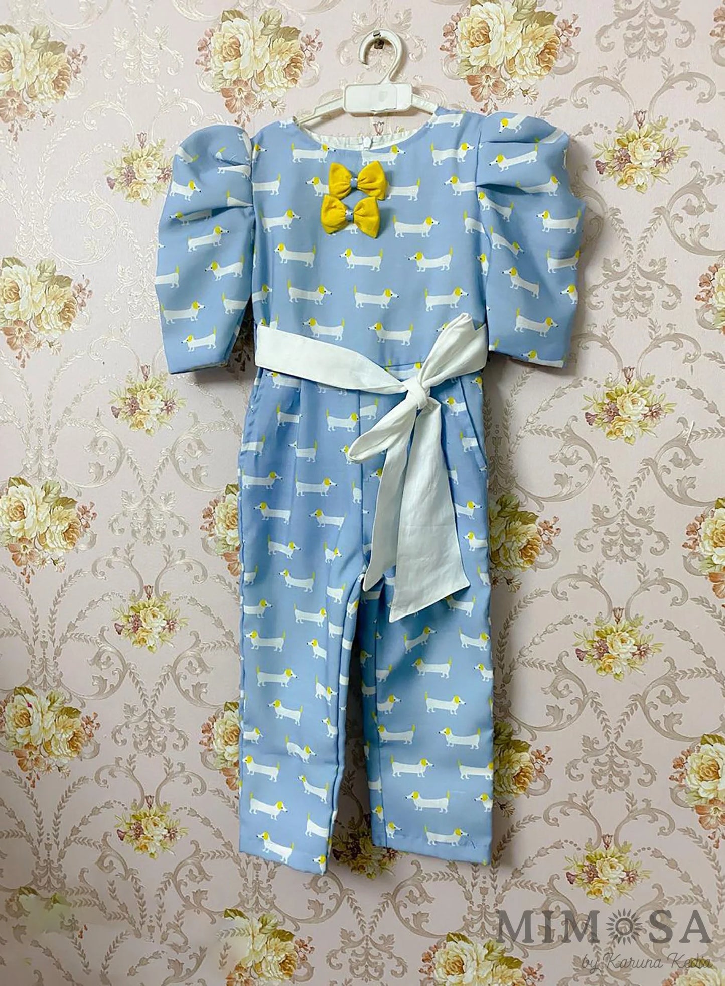 Peppy dog print jumpsuit in cotton with back zip and belt