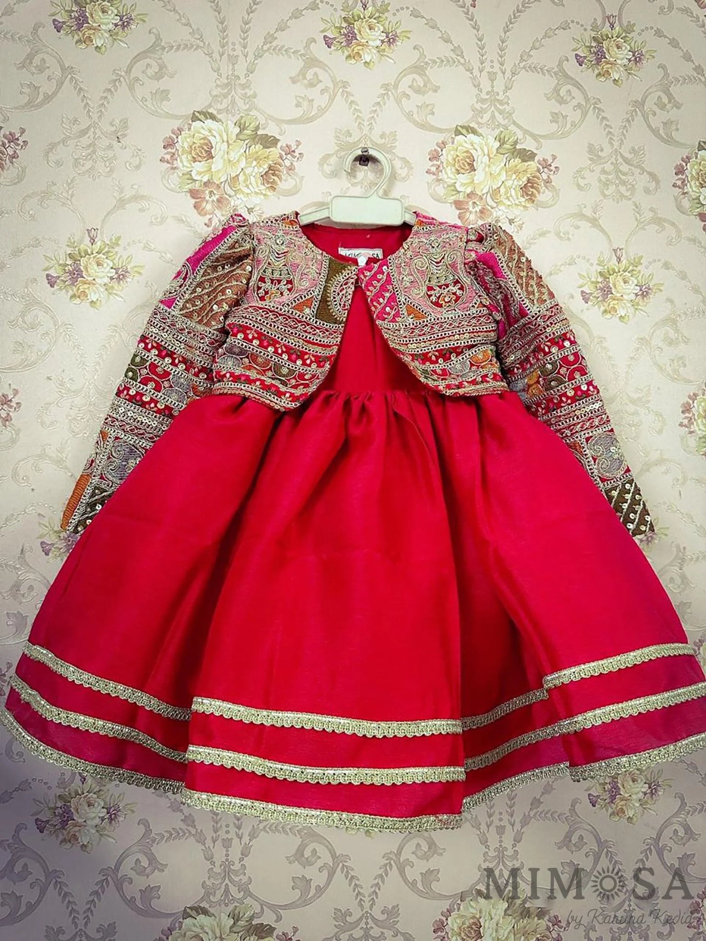 Pre Order: Round Neck Red frock With Heavy Embroidered Jacket