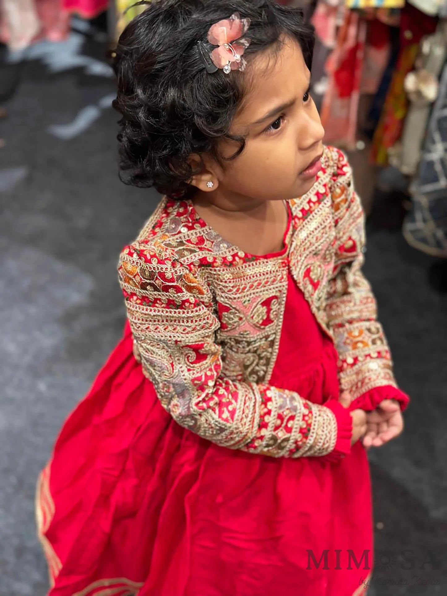 Pre Order: Round Neck Red frock With Heavy Embroidered Jacket