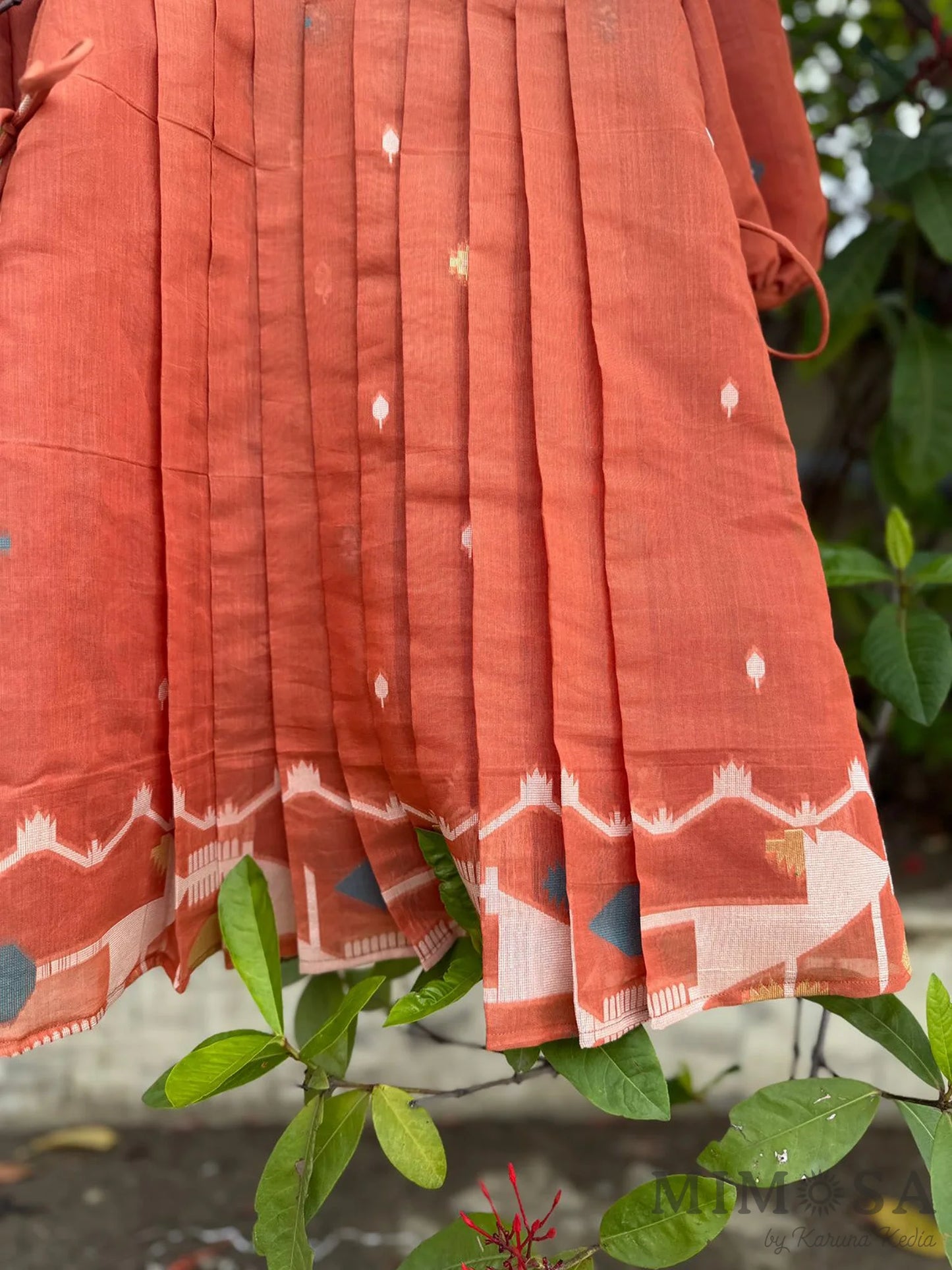 Rust Jamdaani pleated dress with back zip