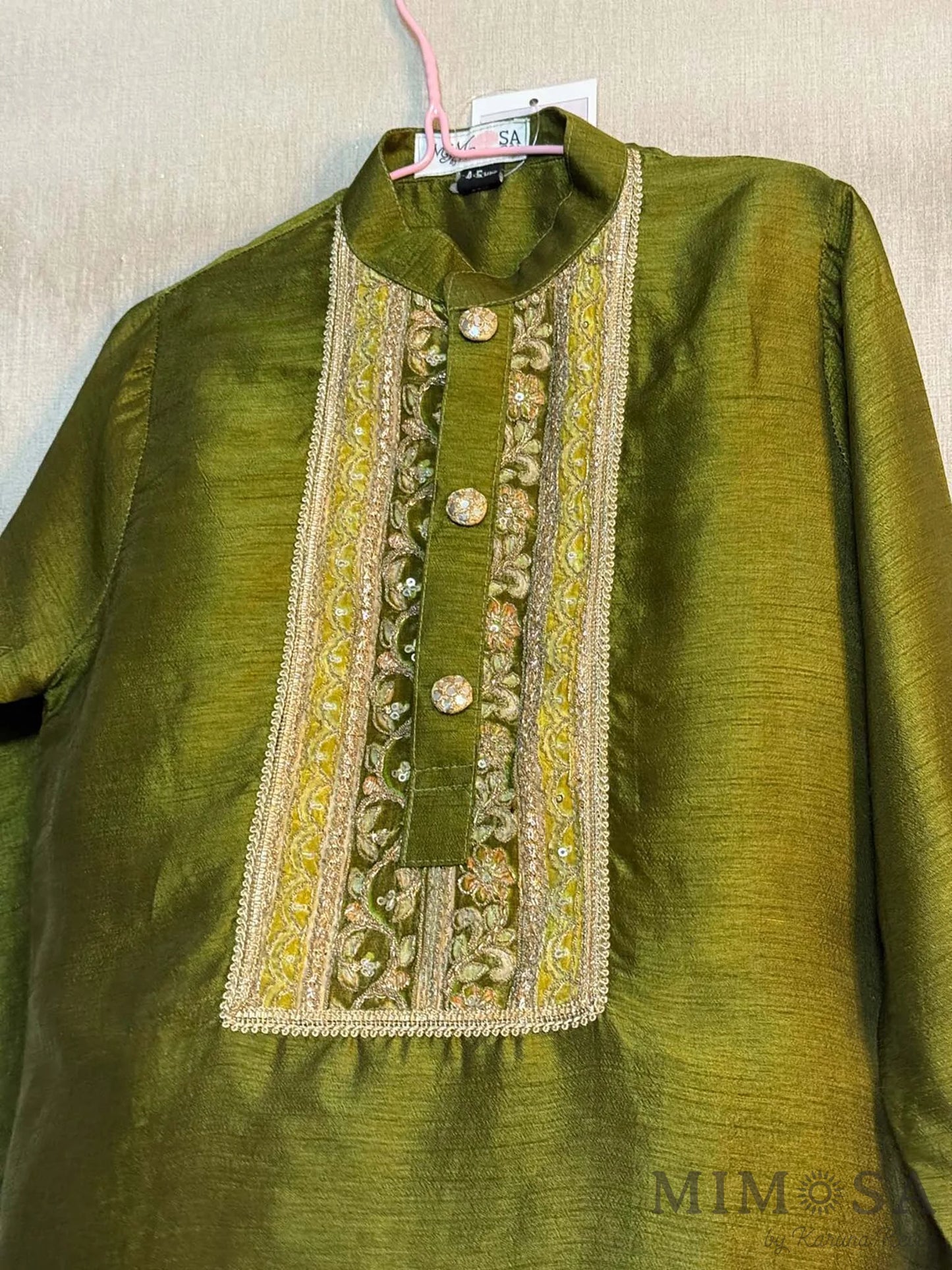 Sage green Kurta pajama in Bambar silk with print and embroidered yoke