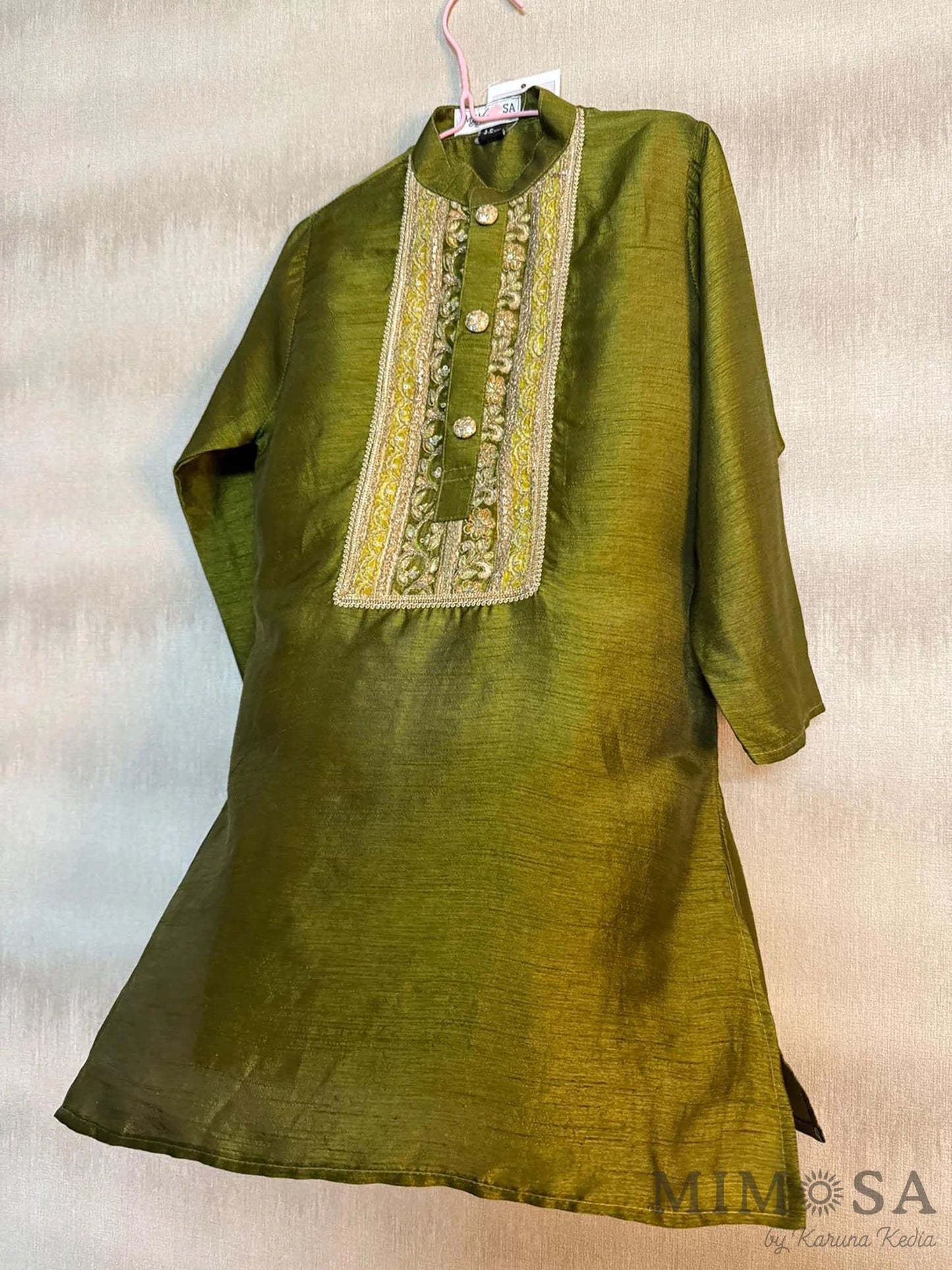 Sage green Kurta pajama in Bambar silk with print and embroidered yoke