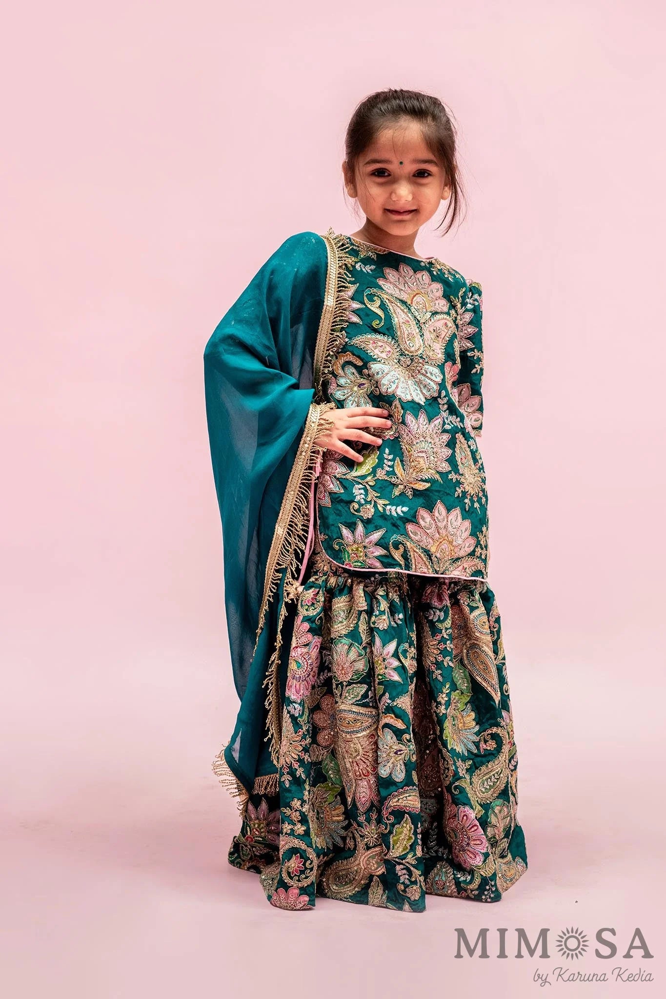 Side-Knot Detailed Elegant Green Kurti And Sharara With Matching Dupatta