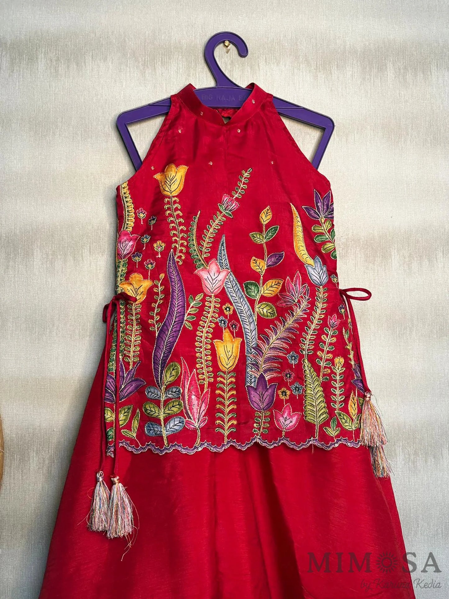Silk print and embroidery tops with Bambar silk full circle palazzo