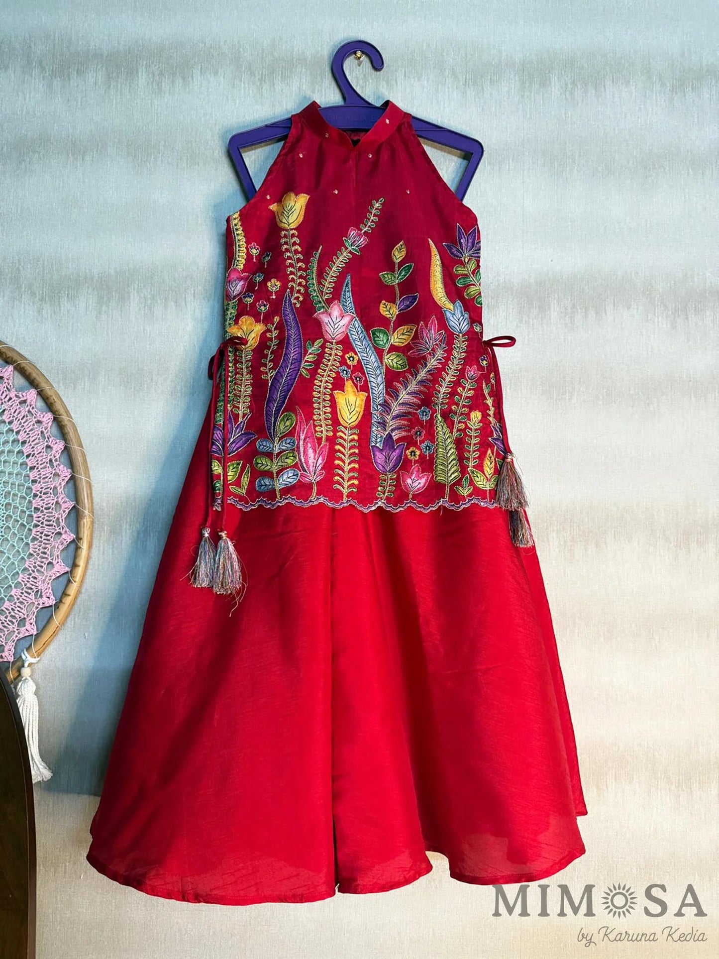 Silk print and embroidery tops with Bambar silk full circle palazzo
