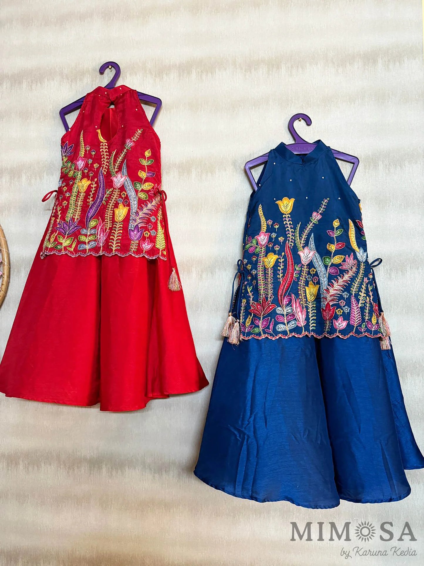 Silk print and embroidery tops with Bambar silk full circle palazzo