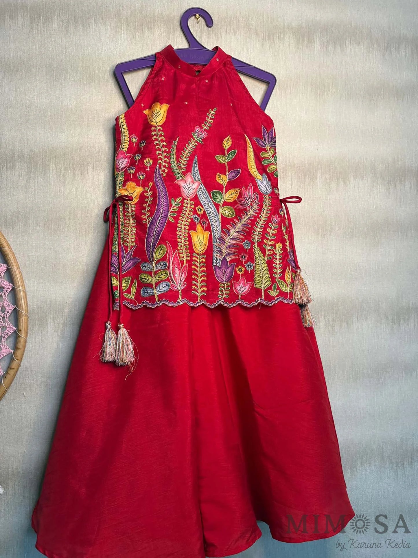 Silk print and embroidery tops with Bambar silk full circle palazzo