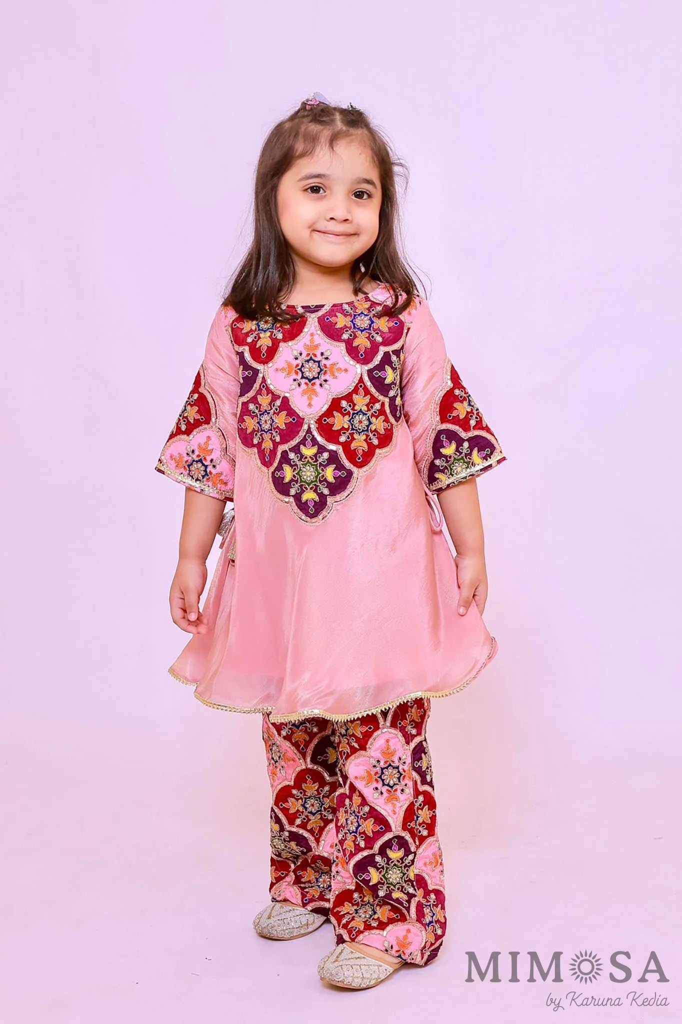 Tissue Kurta set with flared pants with embroidered yolk and lined with cotton silk