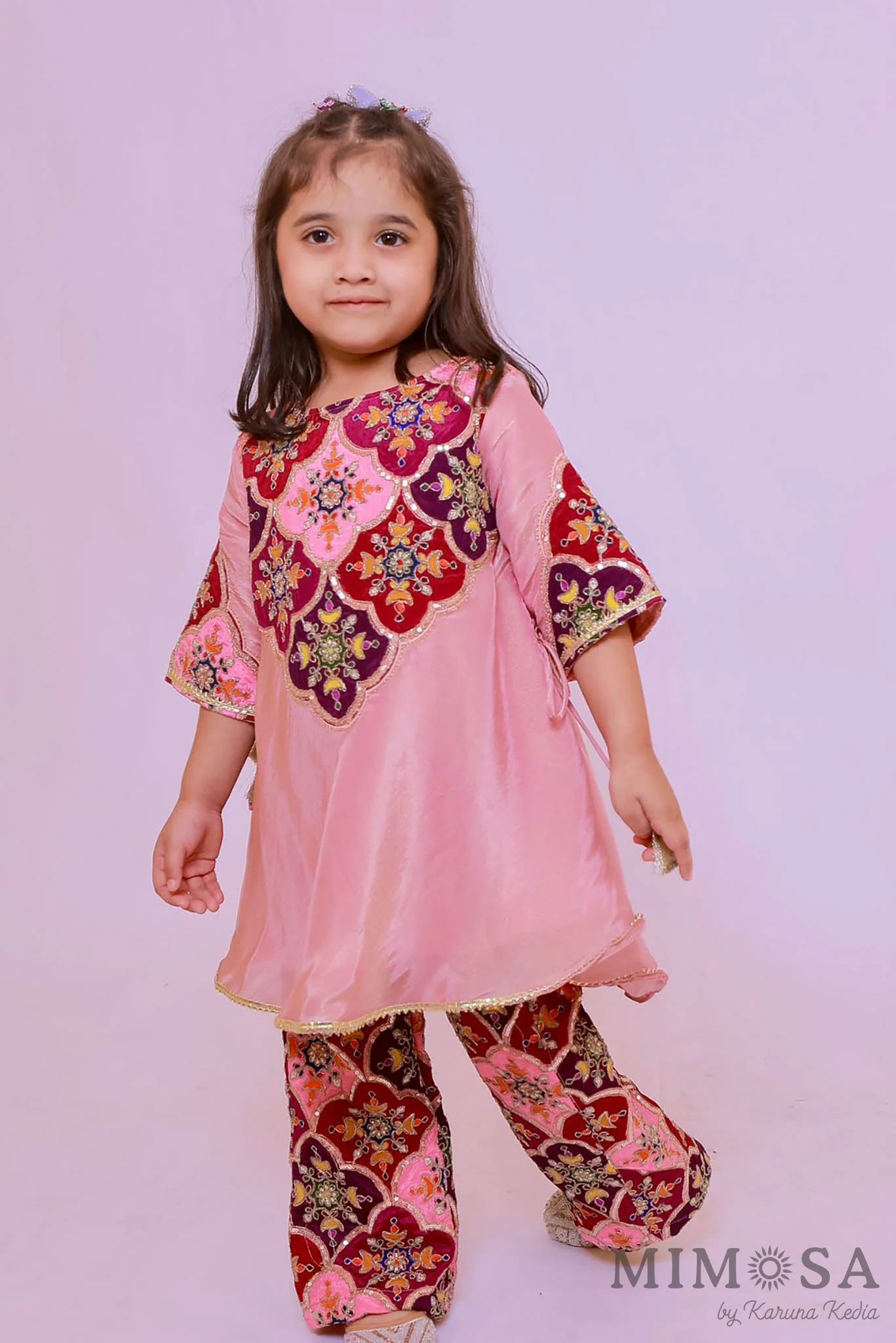 Tissue Kurta set with flared pants with embroidered yolk and lined with cotton silk