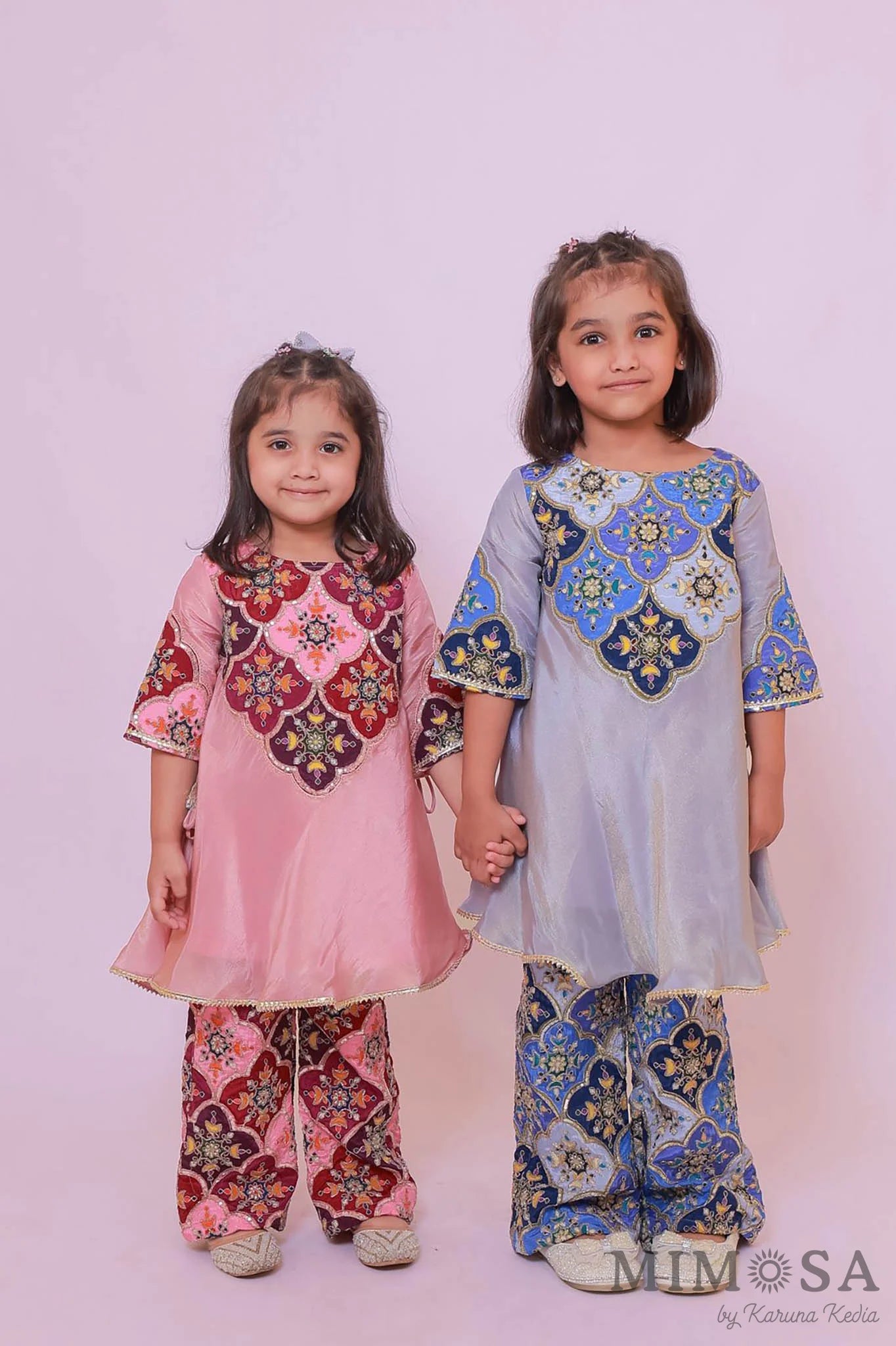 Tissue Kurta set with flared pants with embroidered yolk and lined with cotton silk